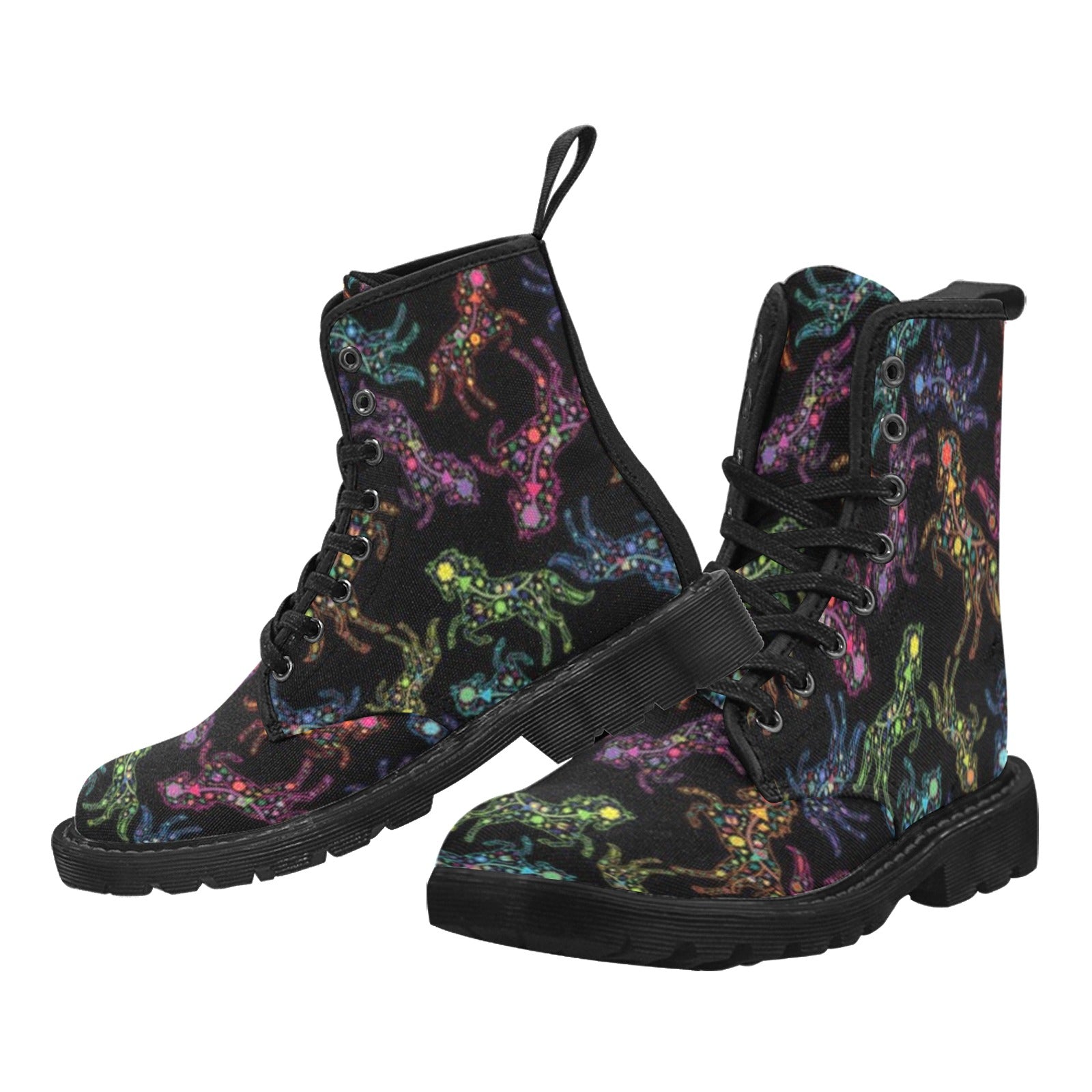 Neon Floral Horses Boots for Women (Black)