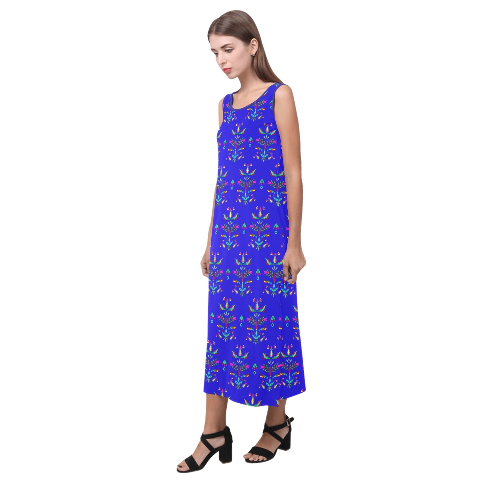 Dakota Damask Blue Phaedra Sleeveless Open Fork Long Dress