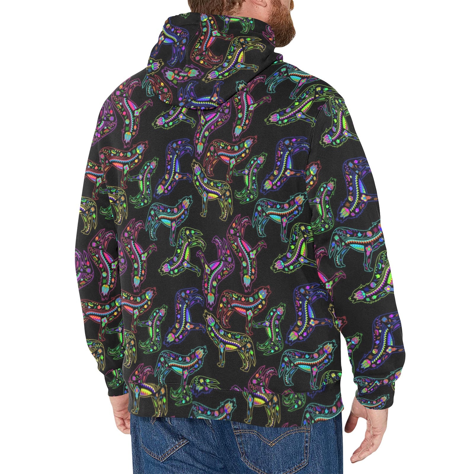 Neon Floral Wolves Men's Long Sleeve Fleece Hoodie