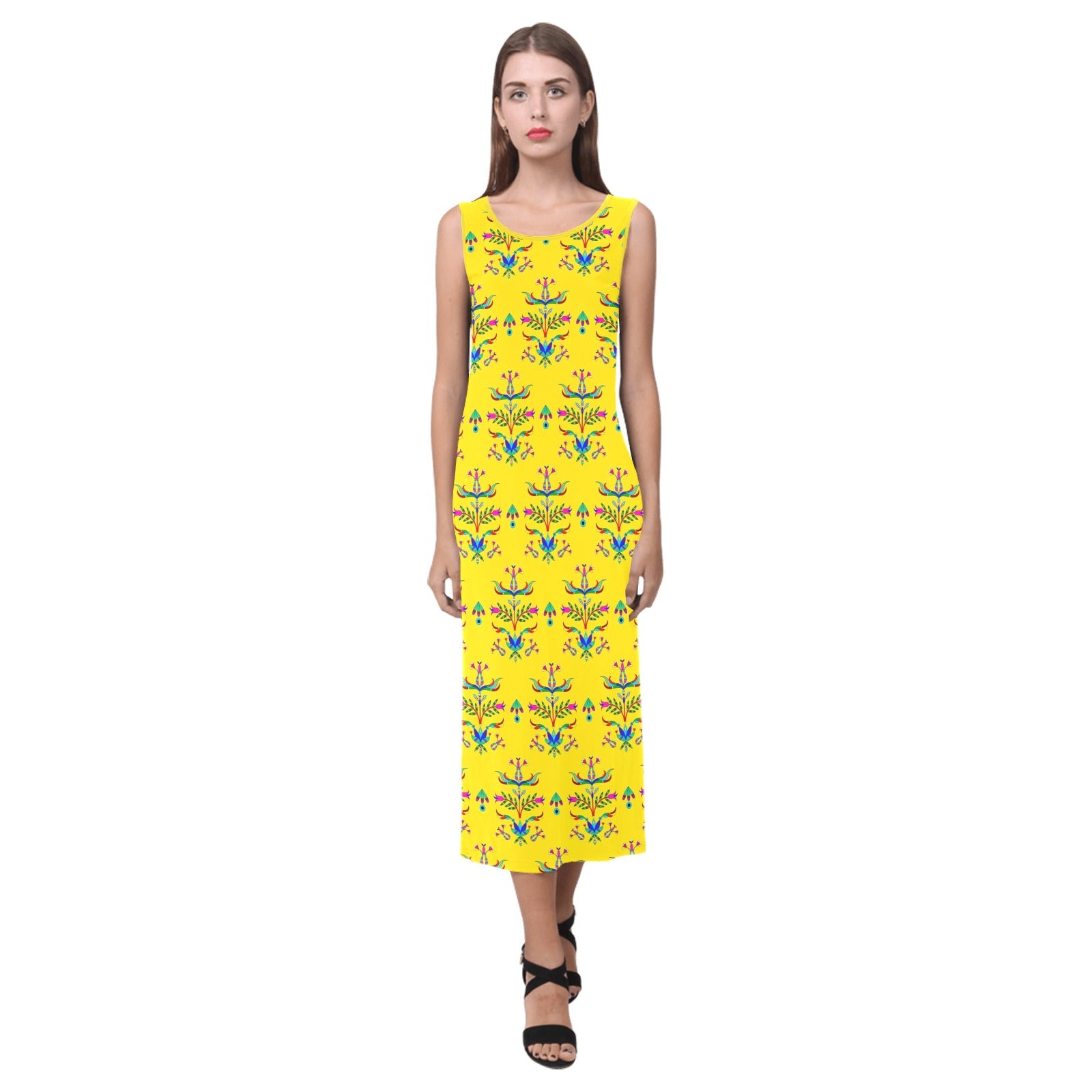 Dakota Damask Yellow Phaedra Sleeveless Open Fork Long Dress