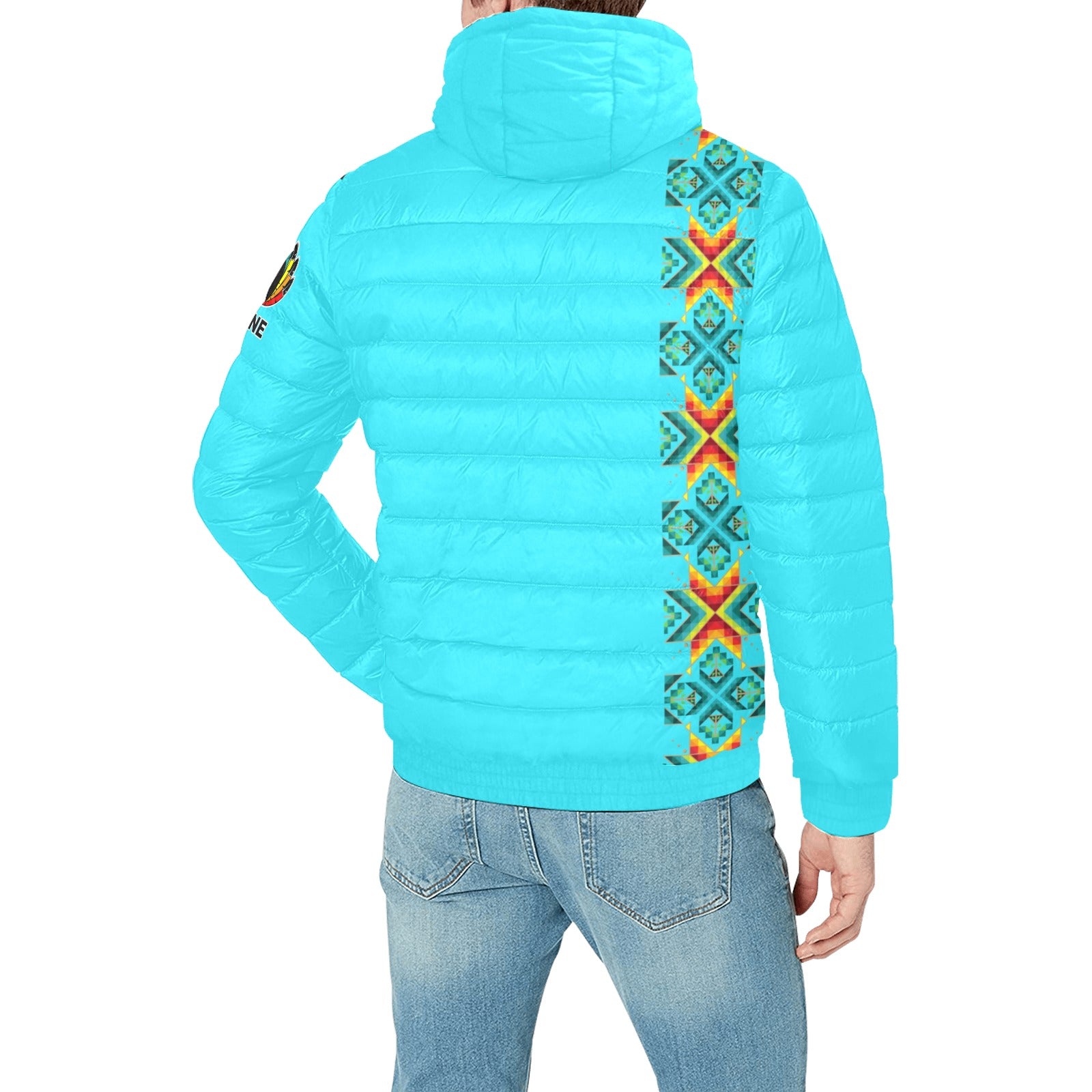 Turquoise Blanket Strip Men's Padded Hooded Jacket