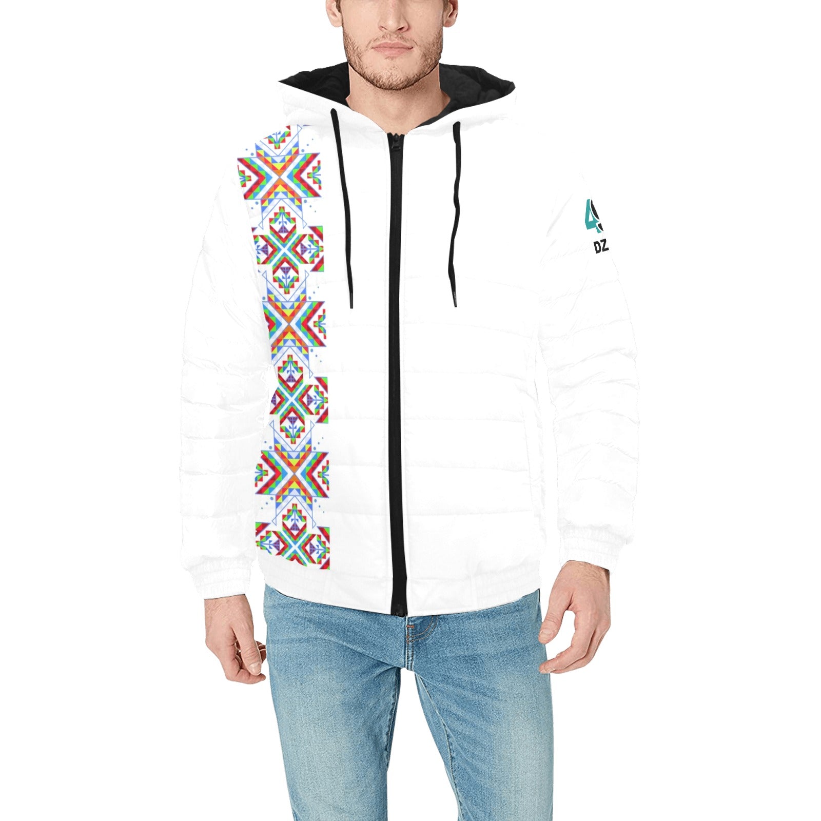 White Blanket Strip on White Men's Padded Hooded Jacket