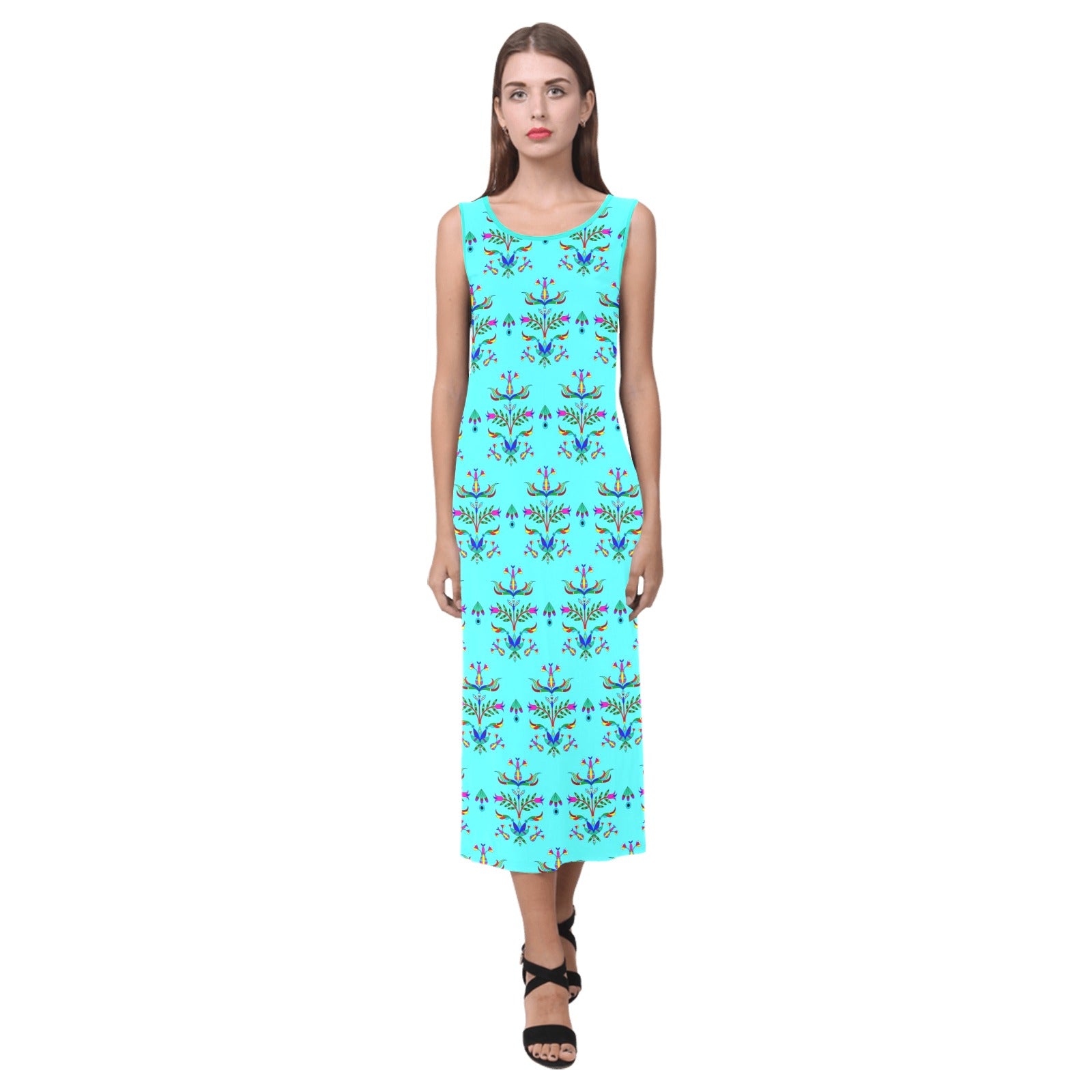 Dakota Damask Turquoise Phaedra Sleeveless Open Fork Long Dress