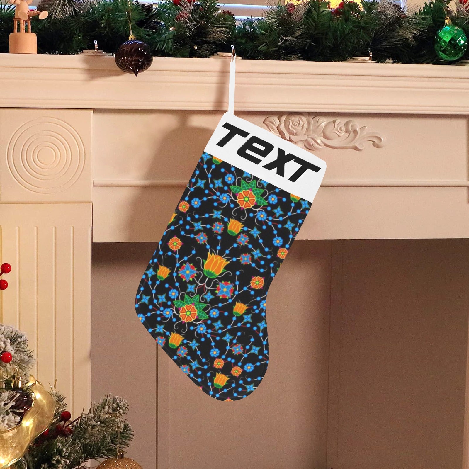 Floral Damask Christmas Stocking (Custom Text on The Top)