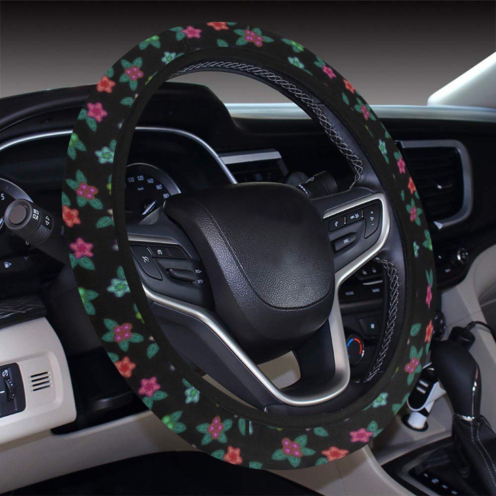 Berry Flowers Black Steering Wheel Cover with Elastic Edge Steering Wheel Cover with Elastic Edge e-joyer 