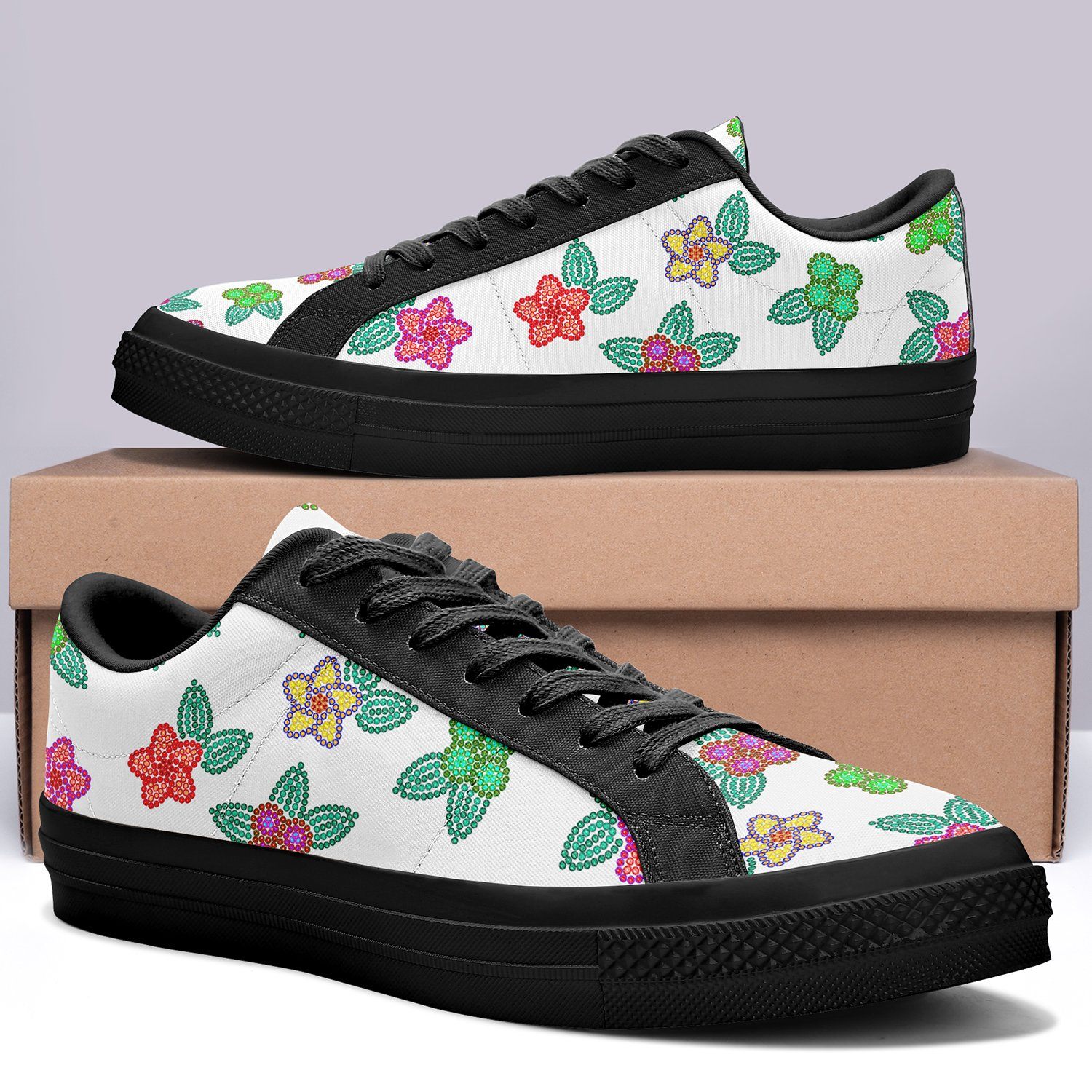 Berry Flowers White Aapisi Low Top Canvas Shoes Black Sole aapisi Herman 