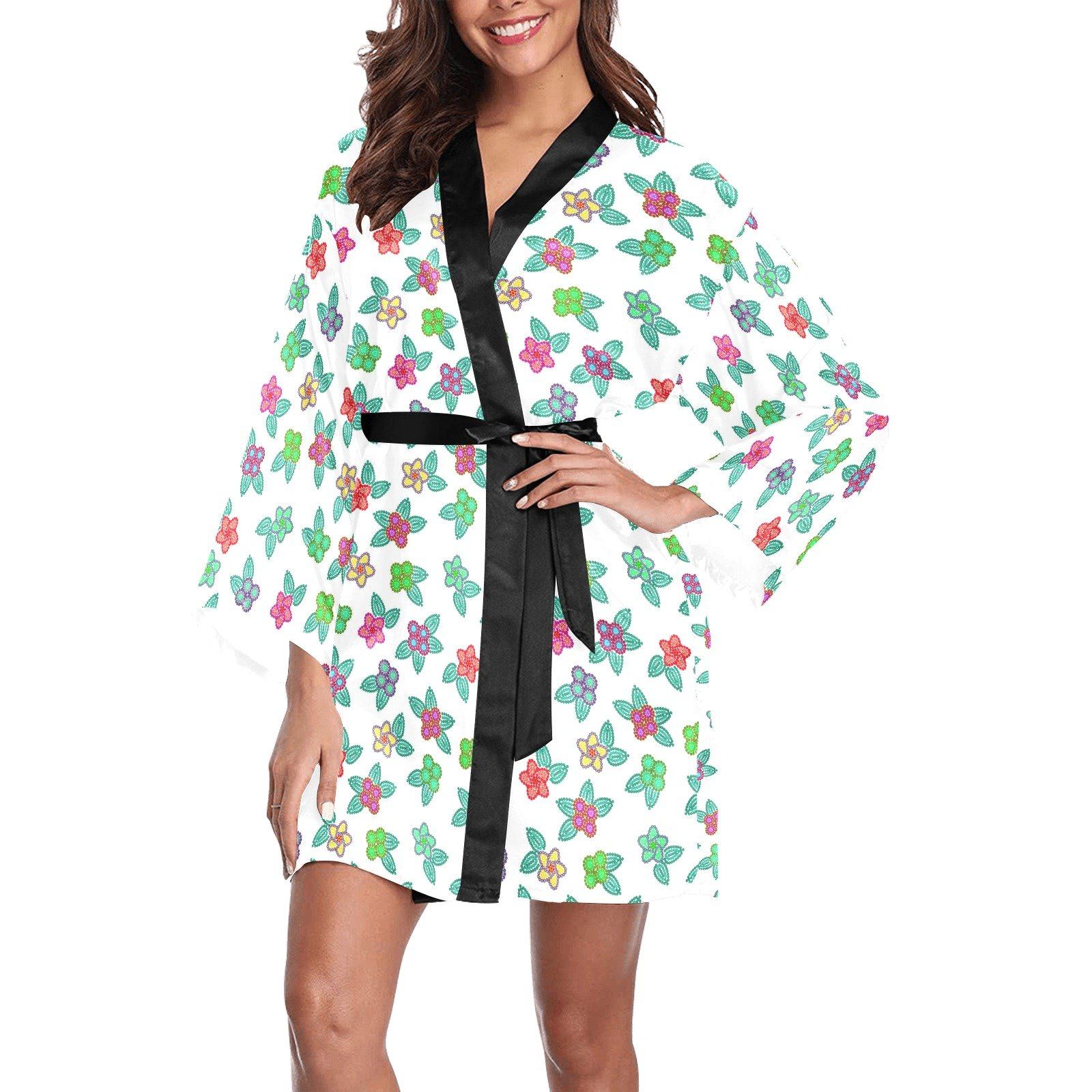 Berry Flowers White Long Sleeve Kimono Robe Long Sleeve Kimono Robe e-joyer 