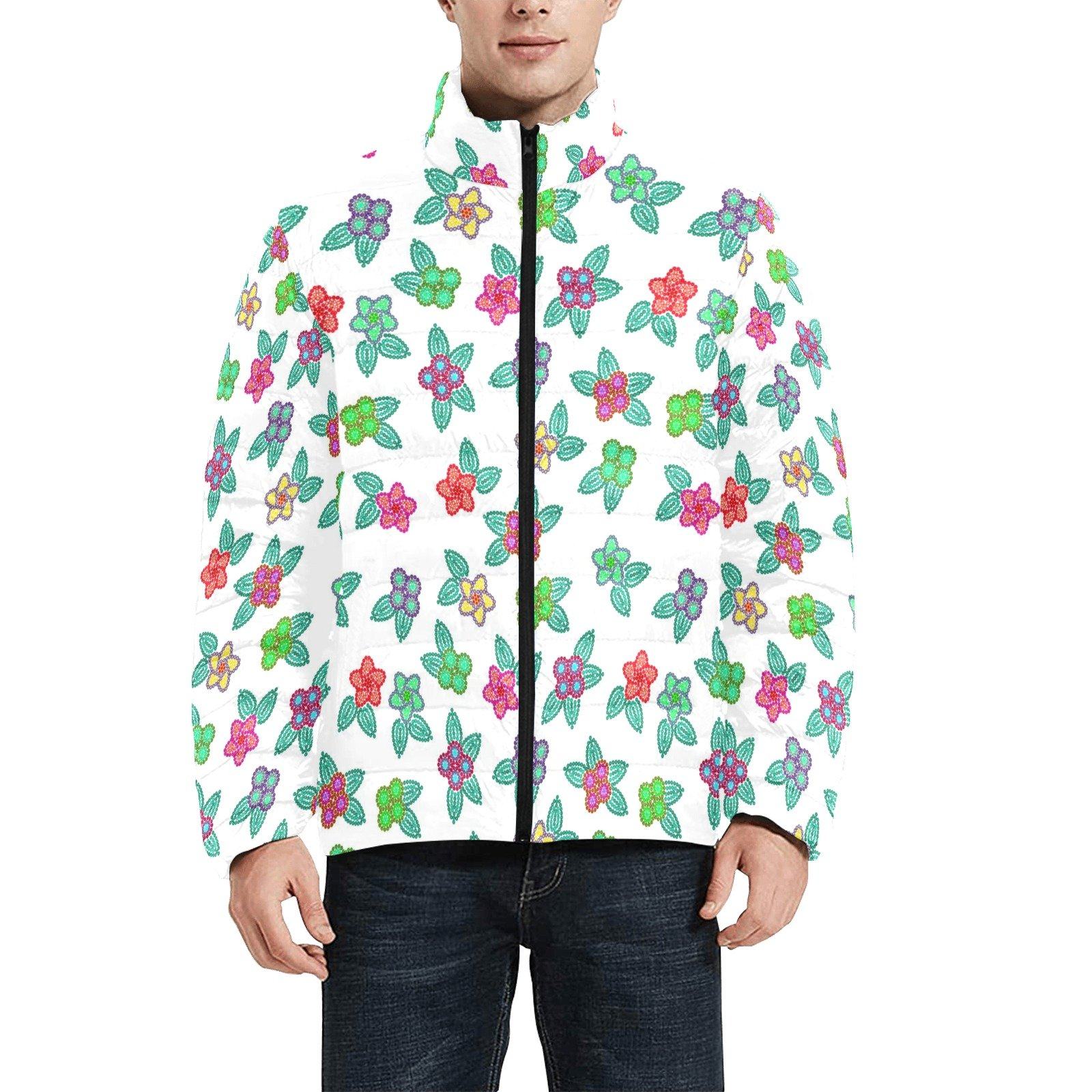 Berry Flowers White Men's Stand Collar Padded Jacket (Model H41) Men's Stand Collar Padded Jacket (H41) e-joyer 