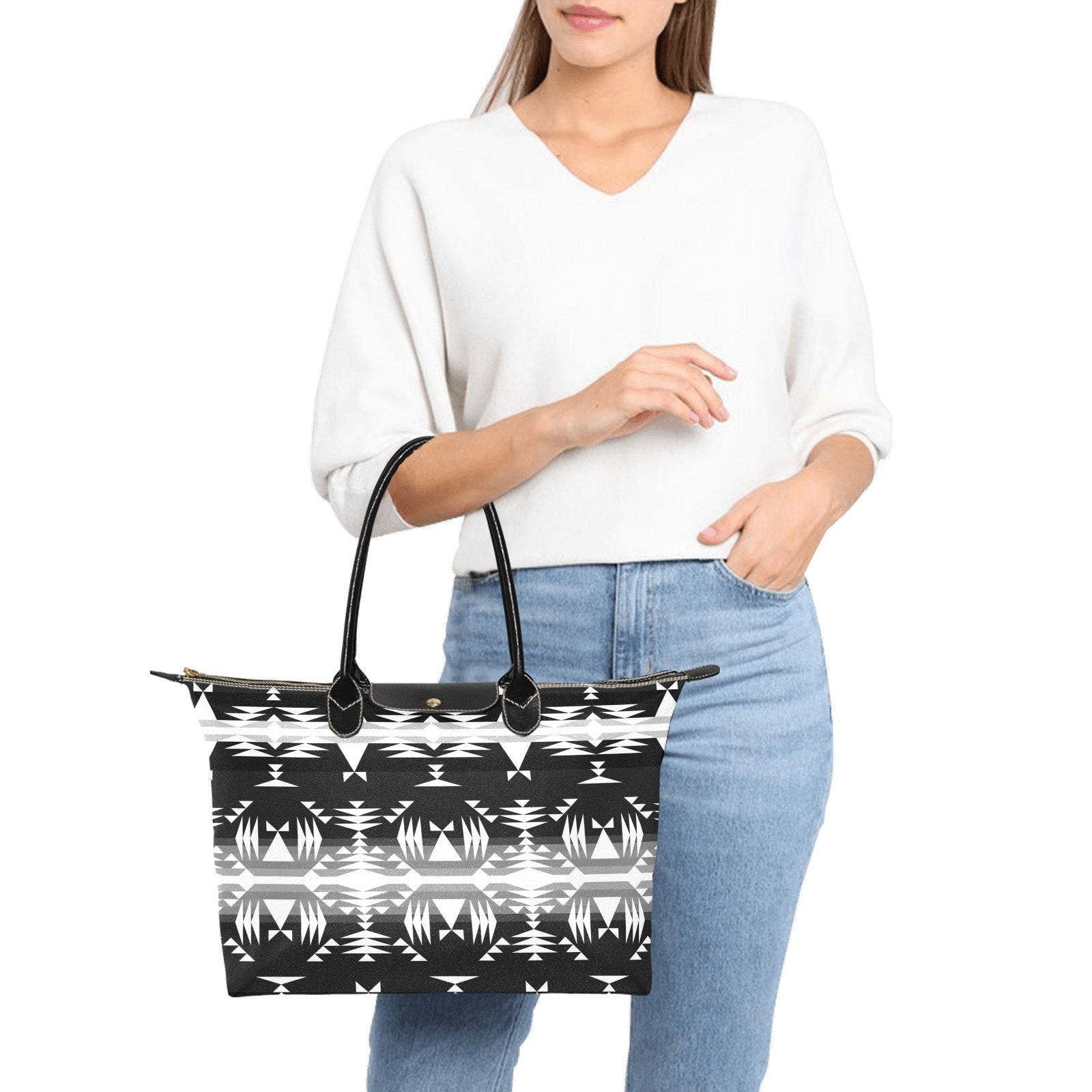 Between the Mountains Black and White Single-Shoulder Lady Handbag (Model 1714) bag e-joyer 