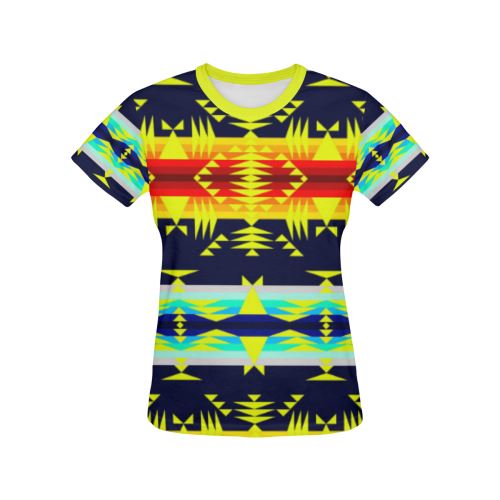 Between the Mountains Navy Yellow All Over Print T-shirt for Women/Large Size (USA Size) (Model T40) All Over Print T-Shirt for Women/Large (T40) e-joyer 