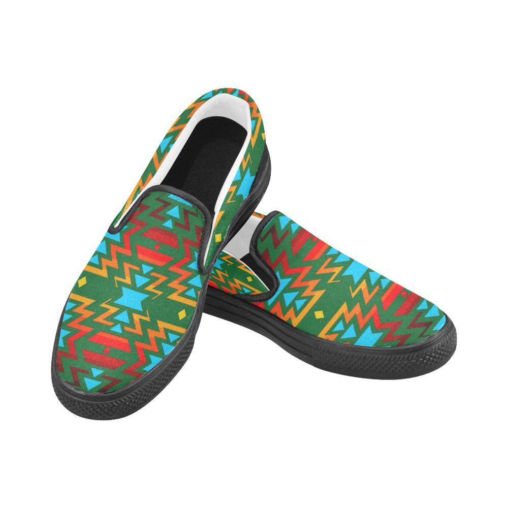 Big Pattern Fire Colors and Sky green Men's Unusual Slip-on Canvas Shoes (Model 019) Men's Unusual Slip-on Canvas Shoes (019) e-joyer 