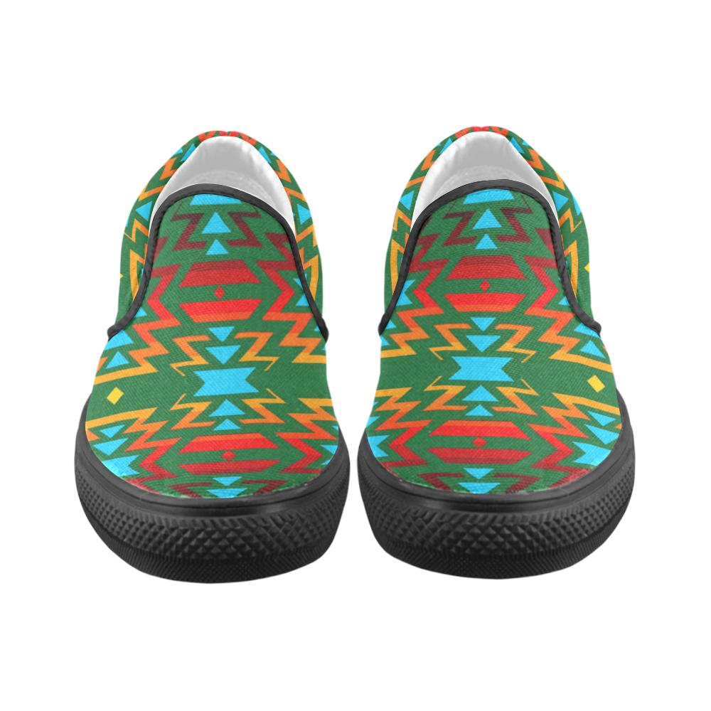 Big Pattern Fire Colors and Sky green Men's Unusual Slip-on Canvas Shoes (Model 019) Men's Unusual Slip-on Canvas Shoes (019) e-joyer 
