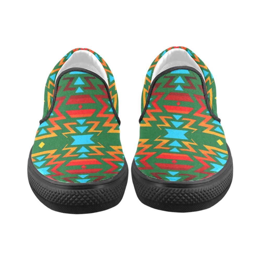 Big Pattern Fire Colors and Sky green Women's Unusual Slip-on Canvas Shoes (Model 019) Women's Unusual Slip-on Canvas Shoes (019) e-joyer 