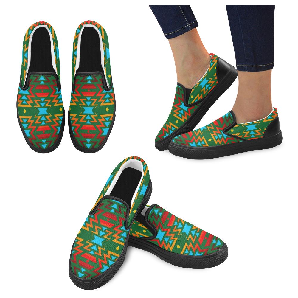 Big Pattern Fire Colors and Sky green Women's Unusual Slip-on Canvas Shoes (Model 019) Women's Unusual Slip-on Canvas Shoes (019) e-joyer 