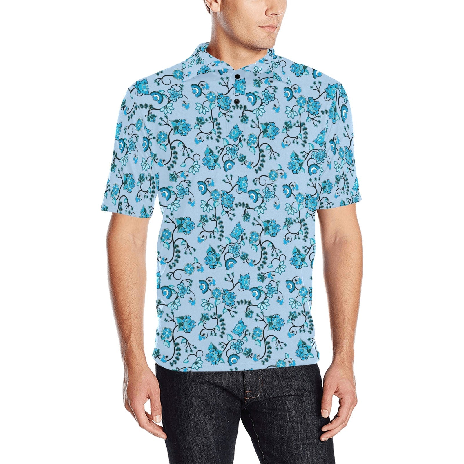 Blue Floral Amour Men's All Over Print Polo Shirt (Model T55) Men's Polo Shirt (Model T55) e-joyer 