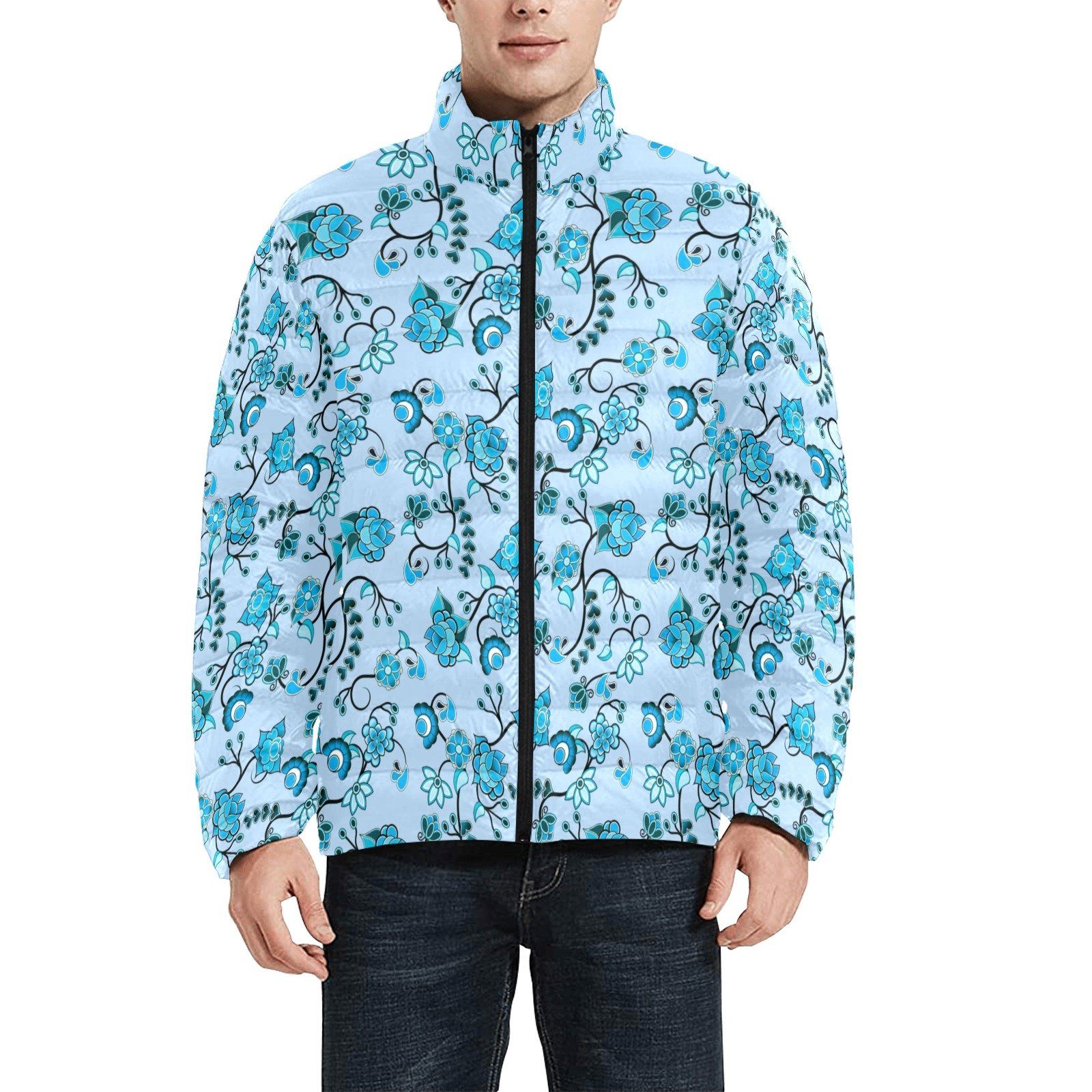 Blue Floral Amour Unisex Stand Collar Padded Jacket Men's Stand Collar Padded Jacket (H41) e-joyer 