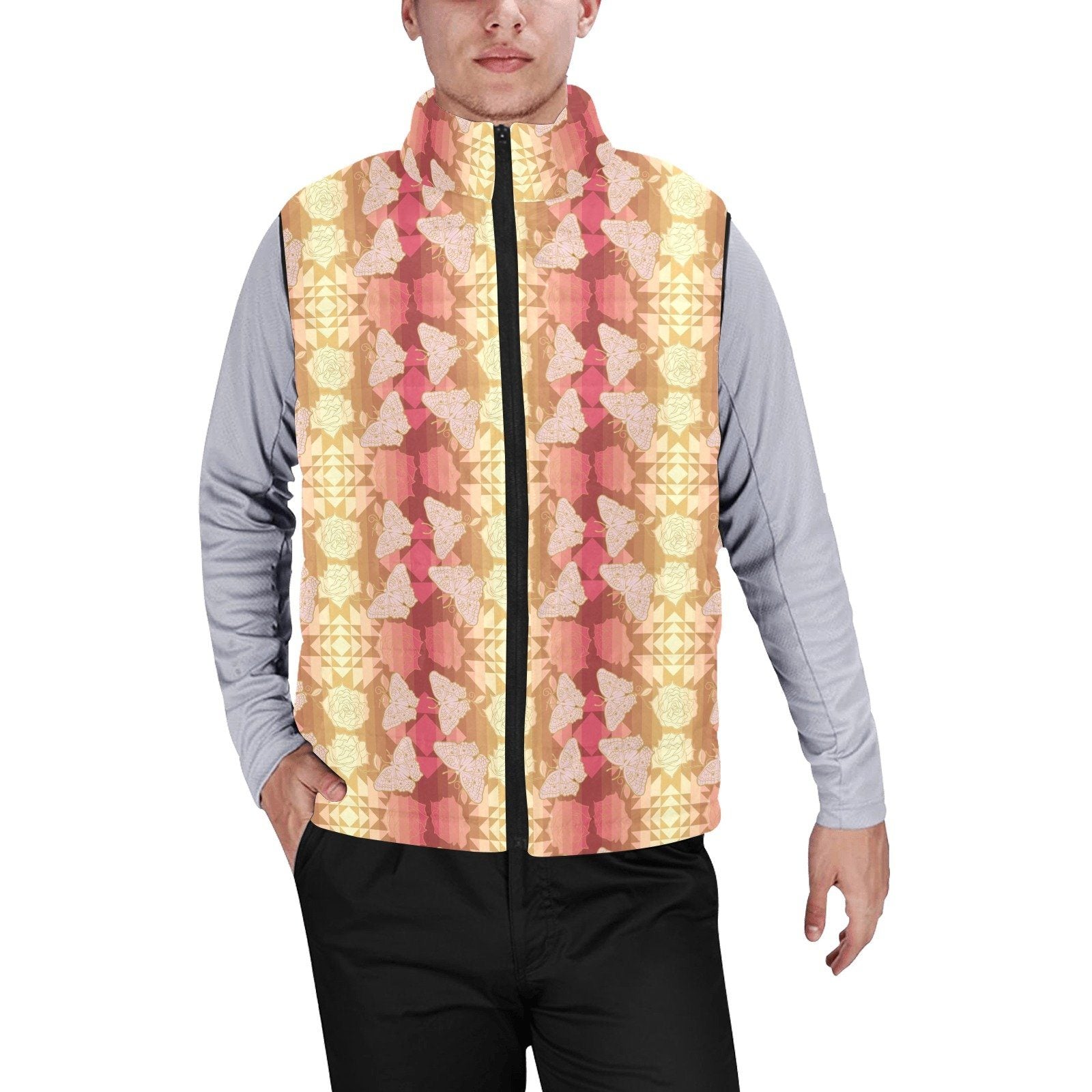 Butterfly and Roses on Geometric Men's Padded Vest Jacket (Model H44) Men's Padded Vest Jacket (H44) e-joyer 