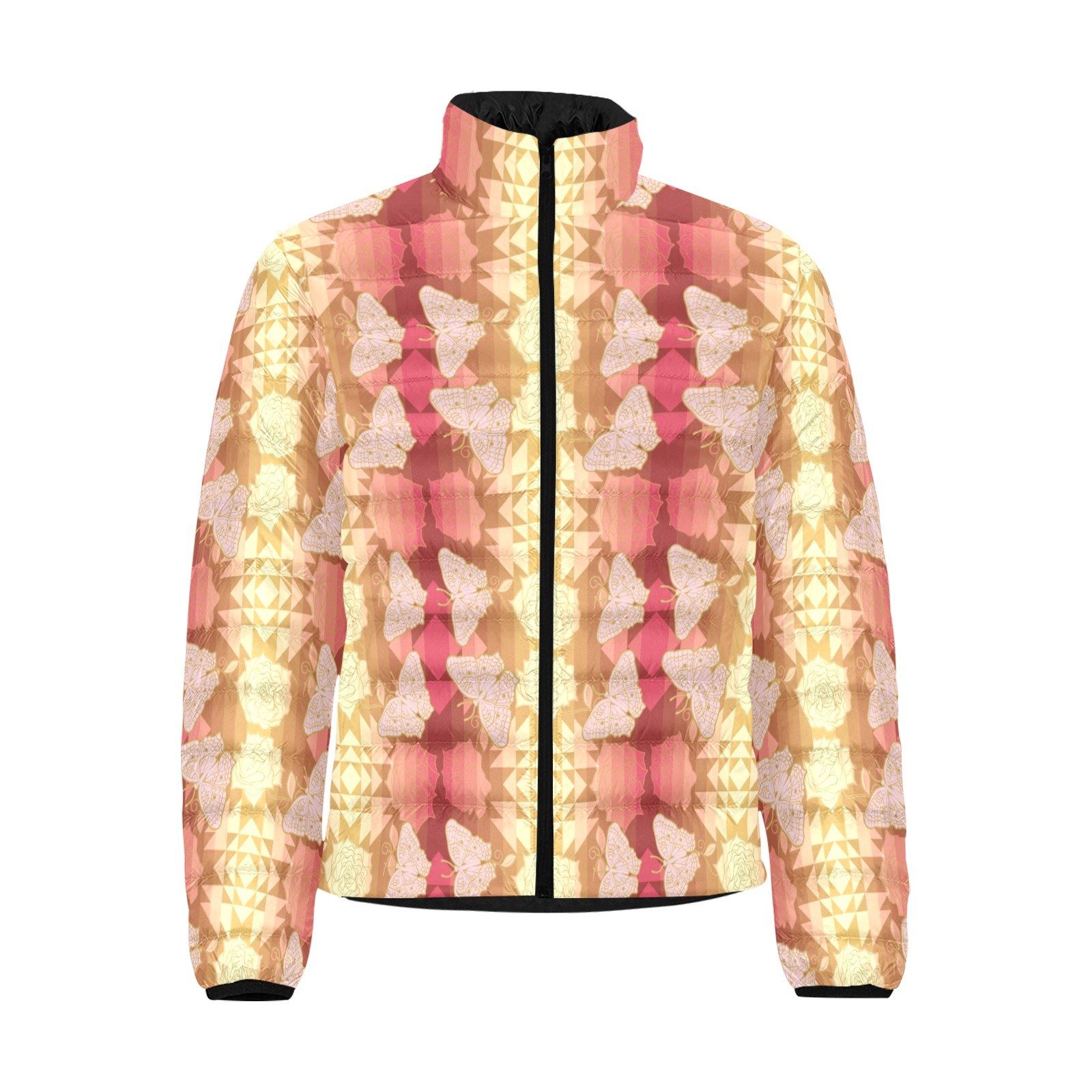 Butterfly and Roses on Geometric Men's Stand Collar Padded Jacket (Model H41) Men's Stand Collar Padded Jacket (H41) e-joyer 