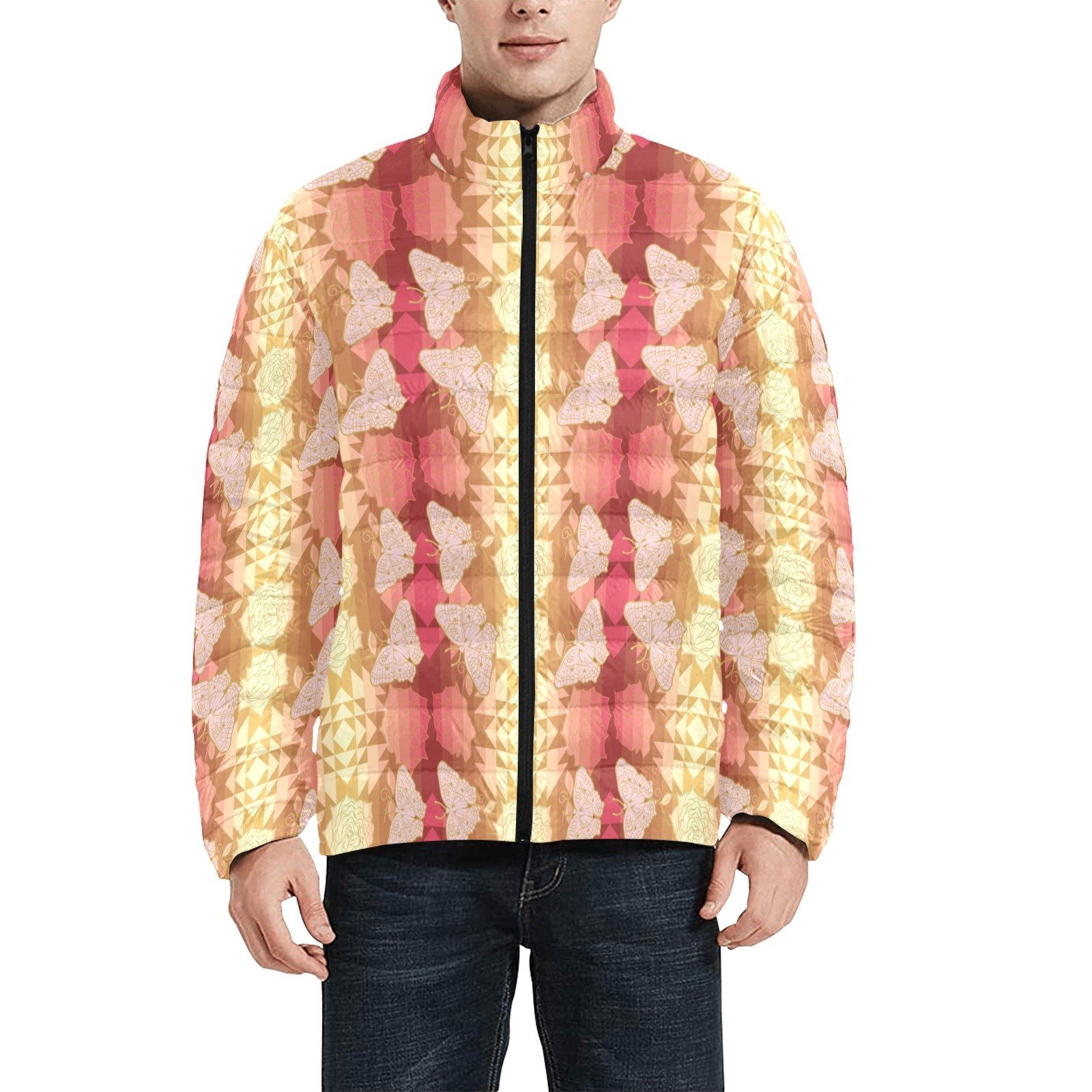 Butterfly and Roses on Geometric Men's Stand Collar Padded Jacket (Model H41) Men's Stand Collar Padded Jacket (H41) e-joyer 