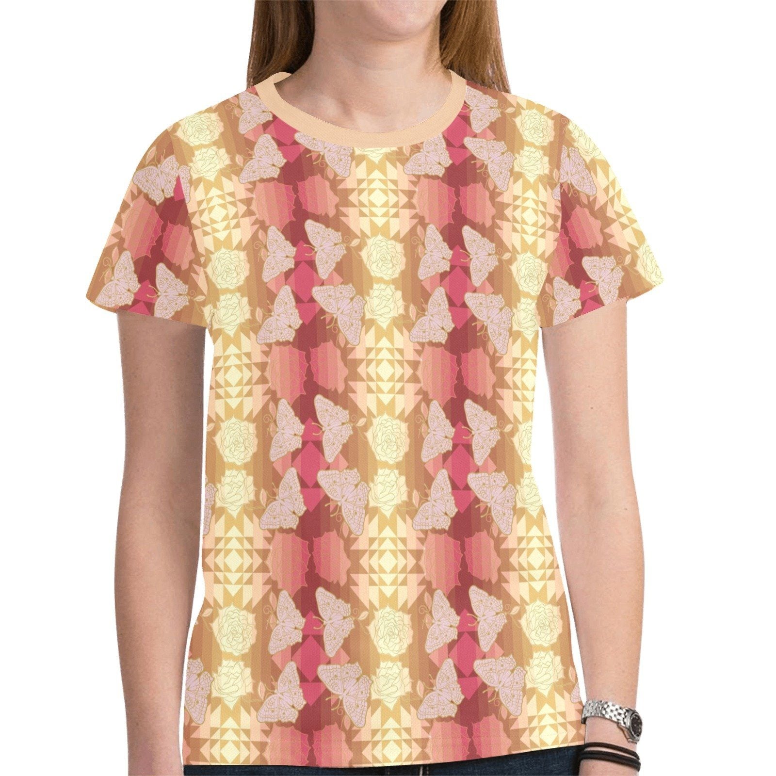 Butterfly and Roses on Geometric New All Over Print T-shirt for Women (Model T45) tshirt e-joyer 