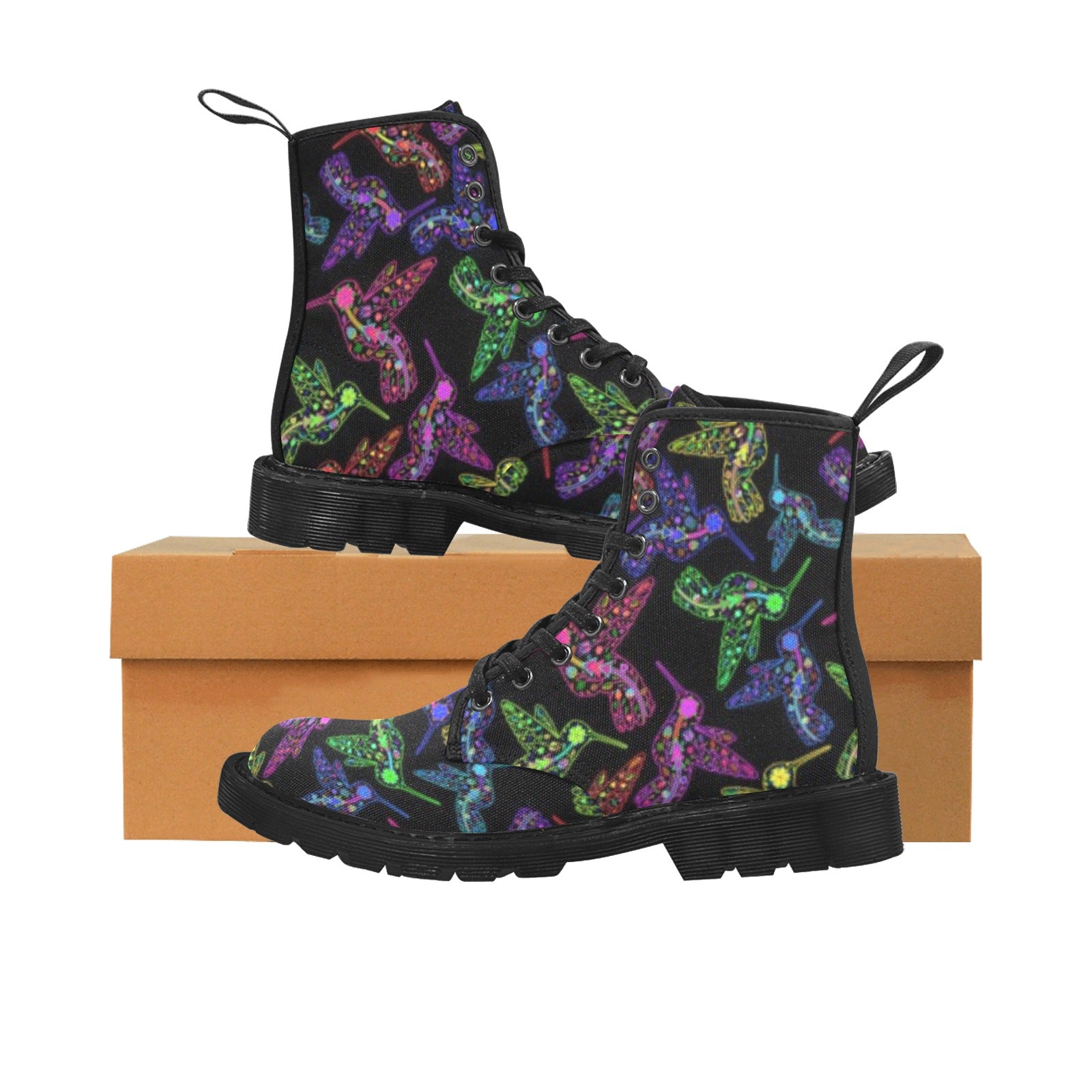 Neon Floral Hummingbirds Boots for Women (Black)