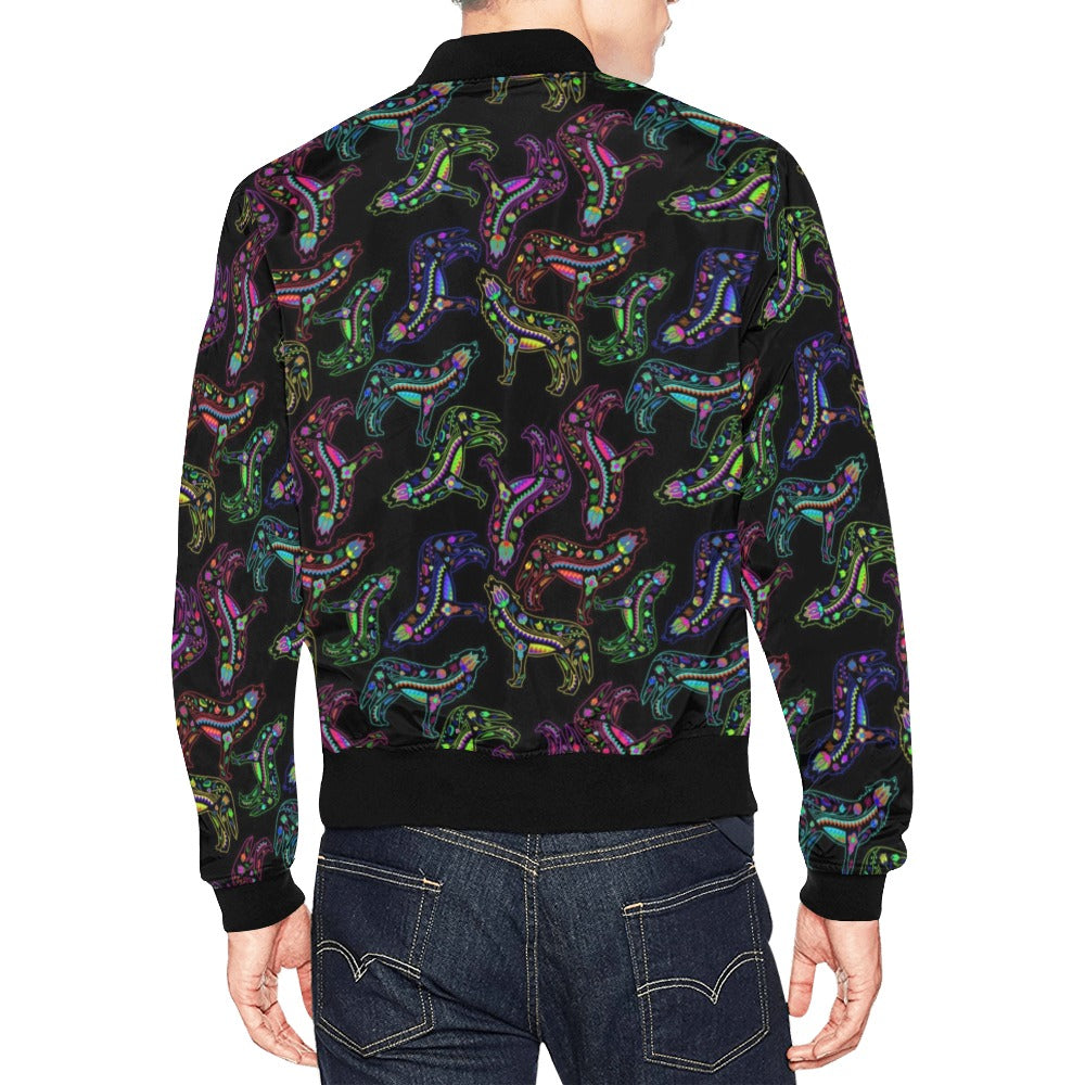 Neon Floral Wolves Bomber Jacket for Men