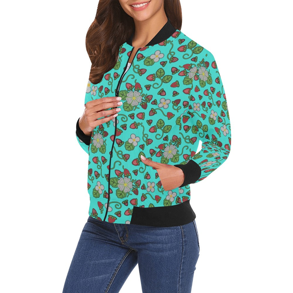 Strawberry Dreams Turquoise All Over Print Bomber Jacket for Women