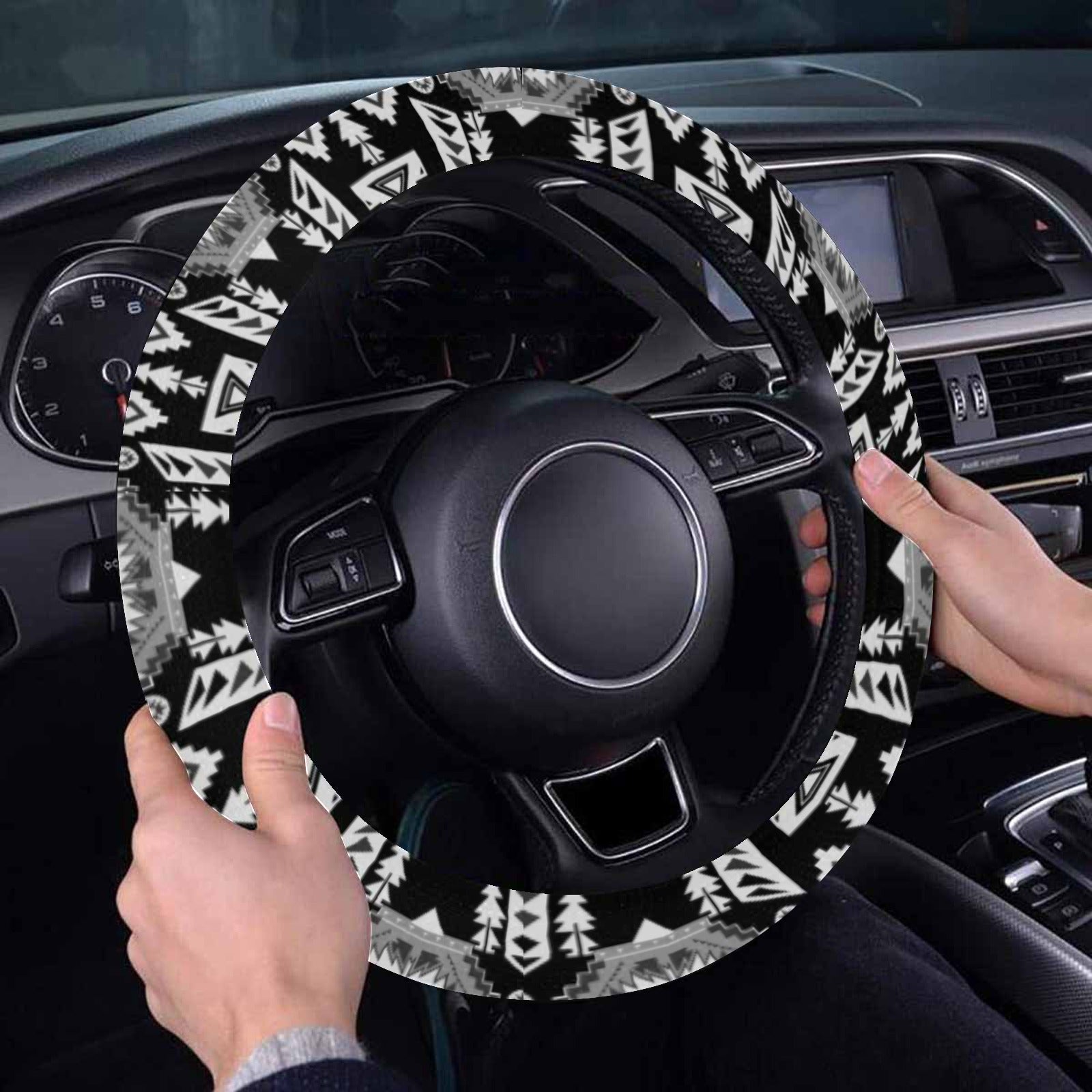 Chiefs Mountain Black and White Steering Wheel Cover with Elastic Edge