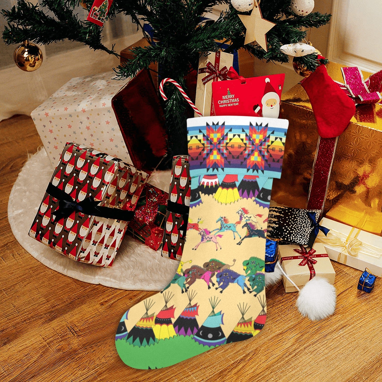 Horses and Buffalo Ledger White Christmas Stocking