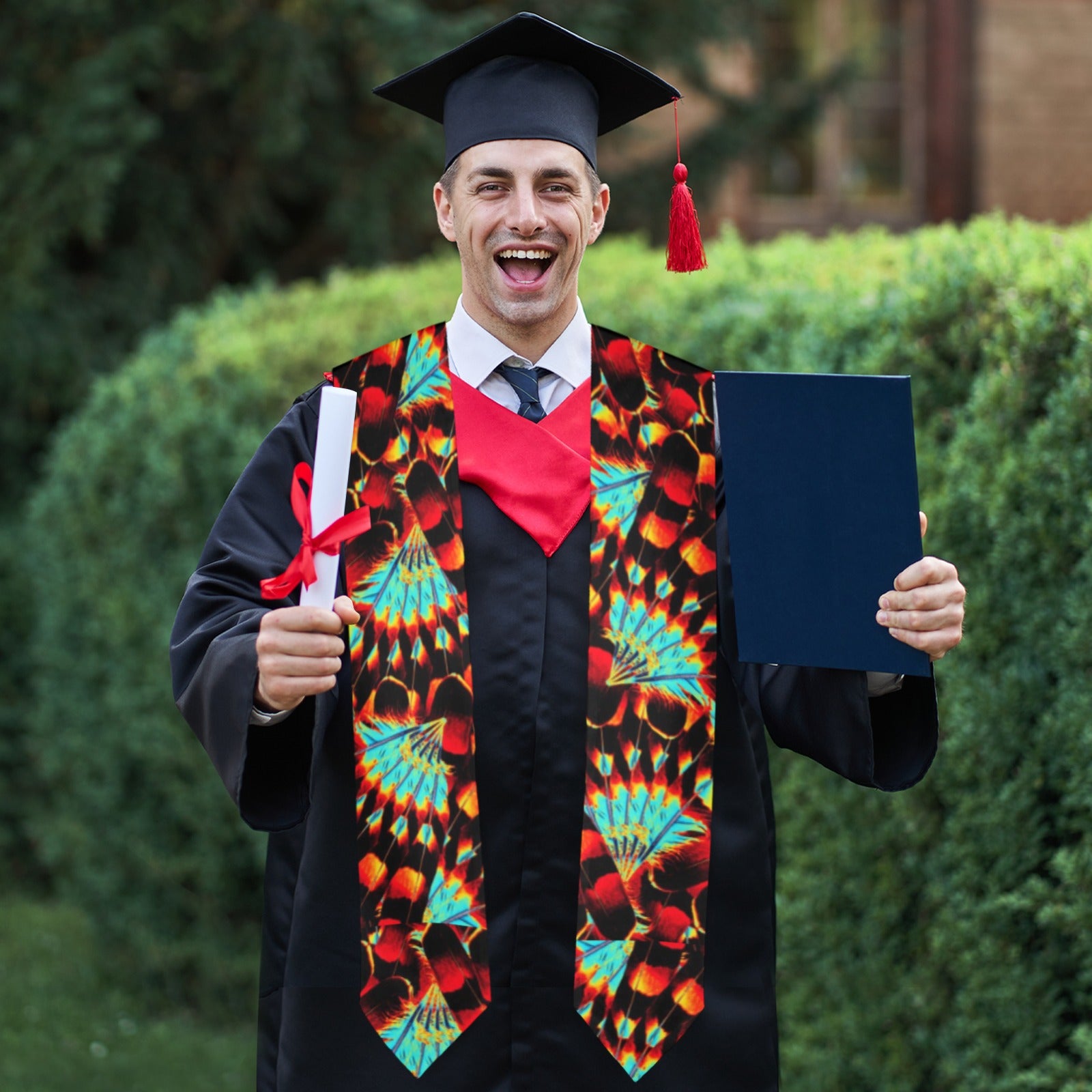 Hawk Feathers Fire and Turquoise Graduation Stole