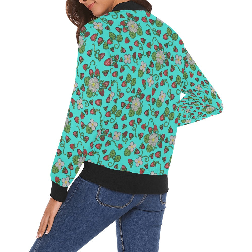 Strawberry Dreams Turquoise All Over Print Bomber Jacket for Women