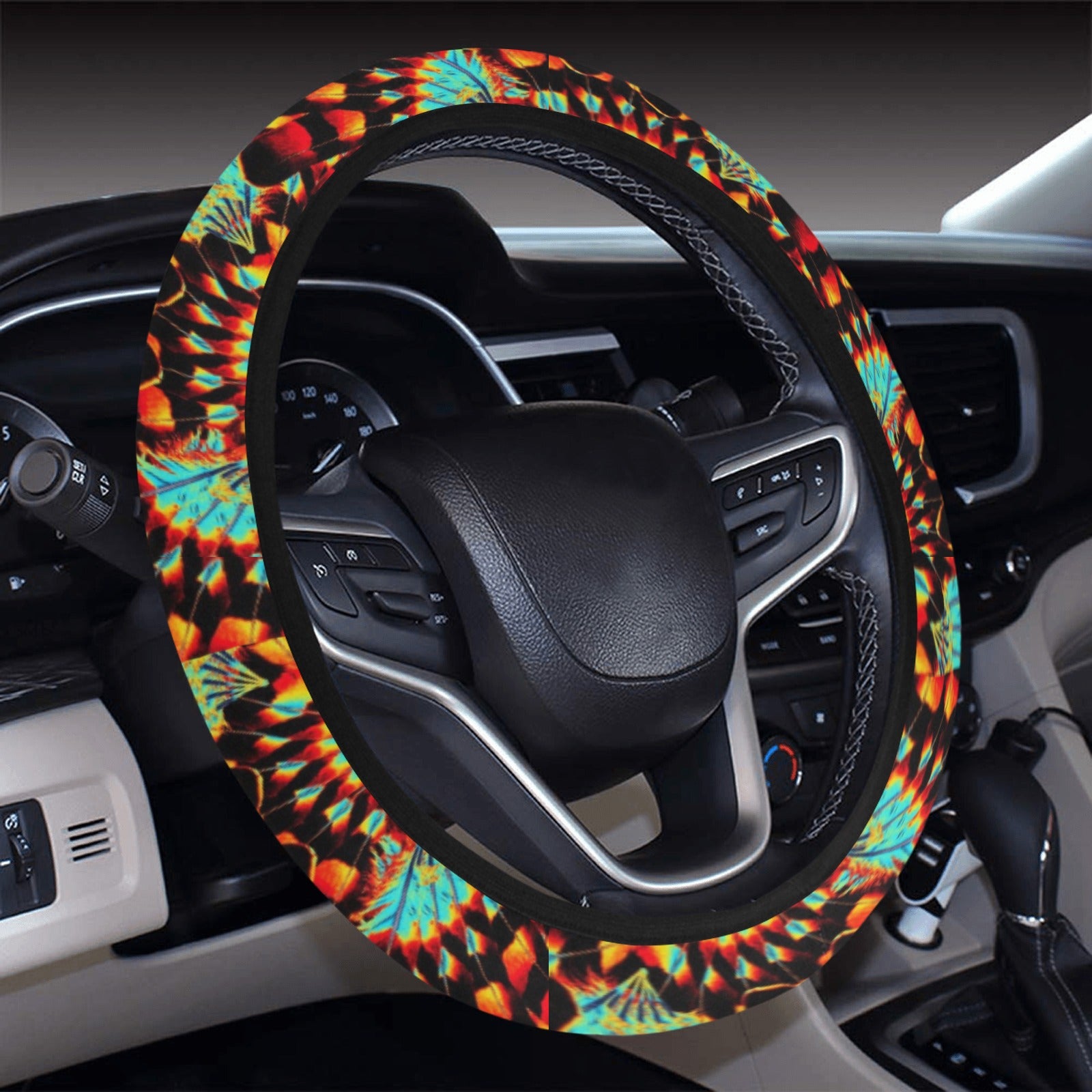 Hawk Feathers Fire and Turquoise Steering Wheel Cover with Elastic Edge