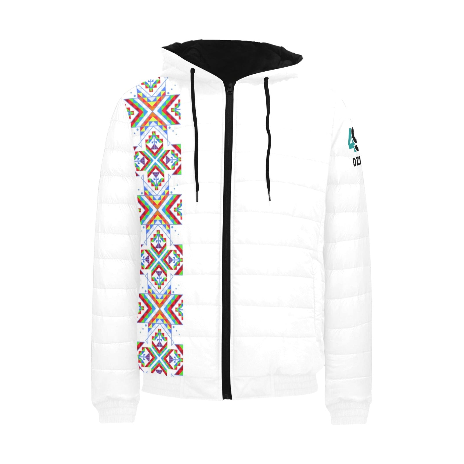 White Blanket Strip on White Men's Padded Hooded Jacket