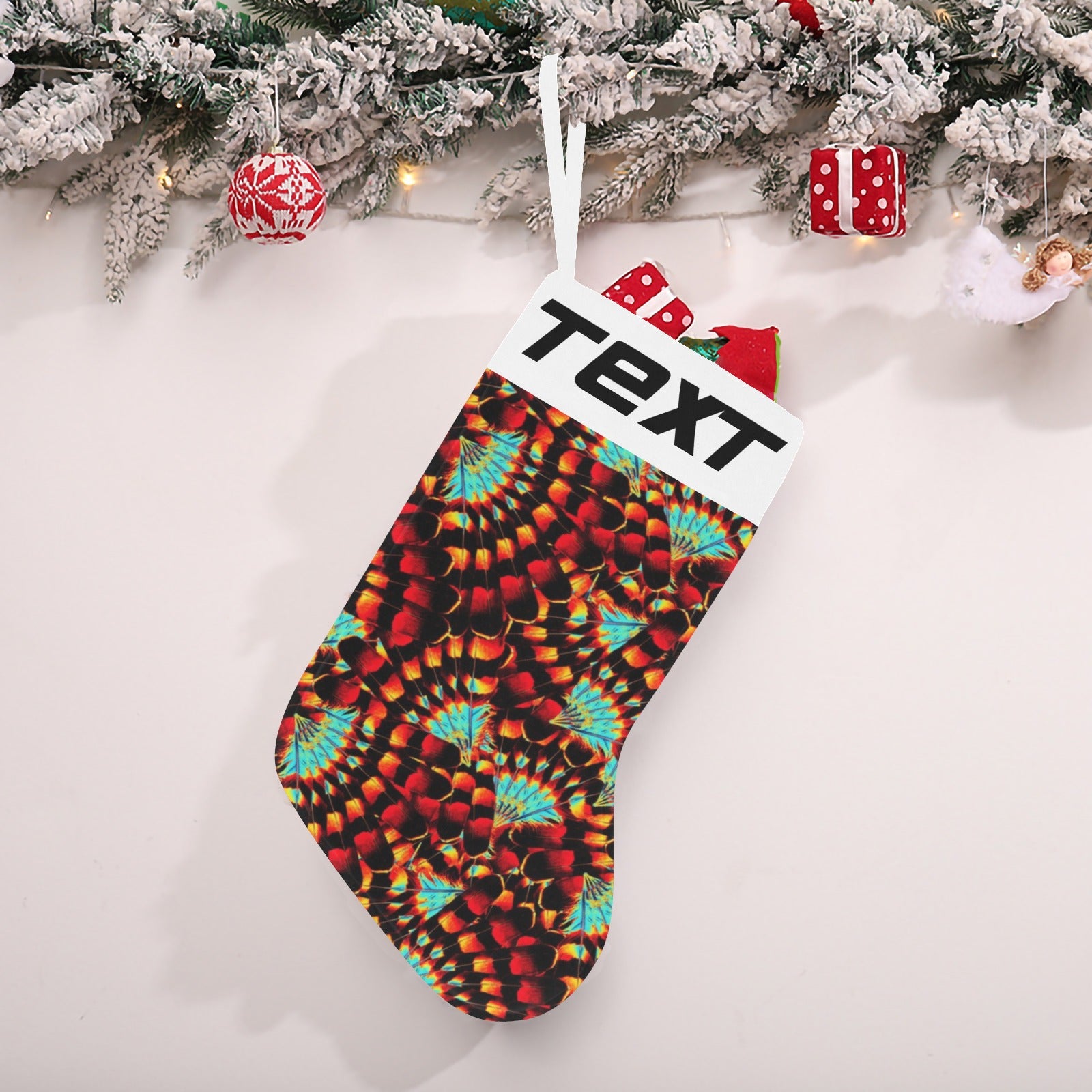 Hawk Feathers Fire and Turquoise Christmas Stocking (Custom Text on The Top)