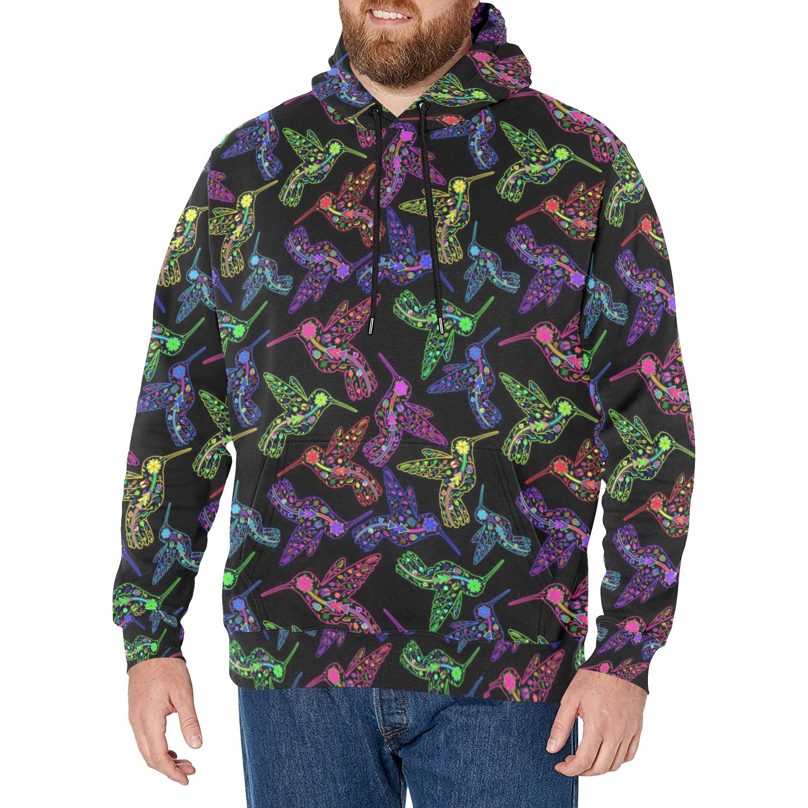 Neon Floral Hummingbirds Men's Long Sleeve Fleece Hoodie