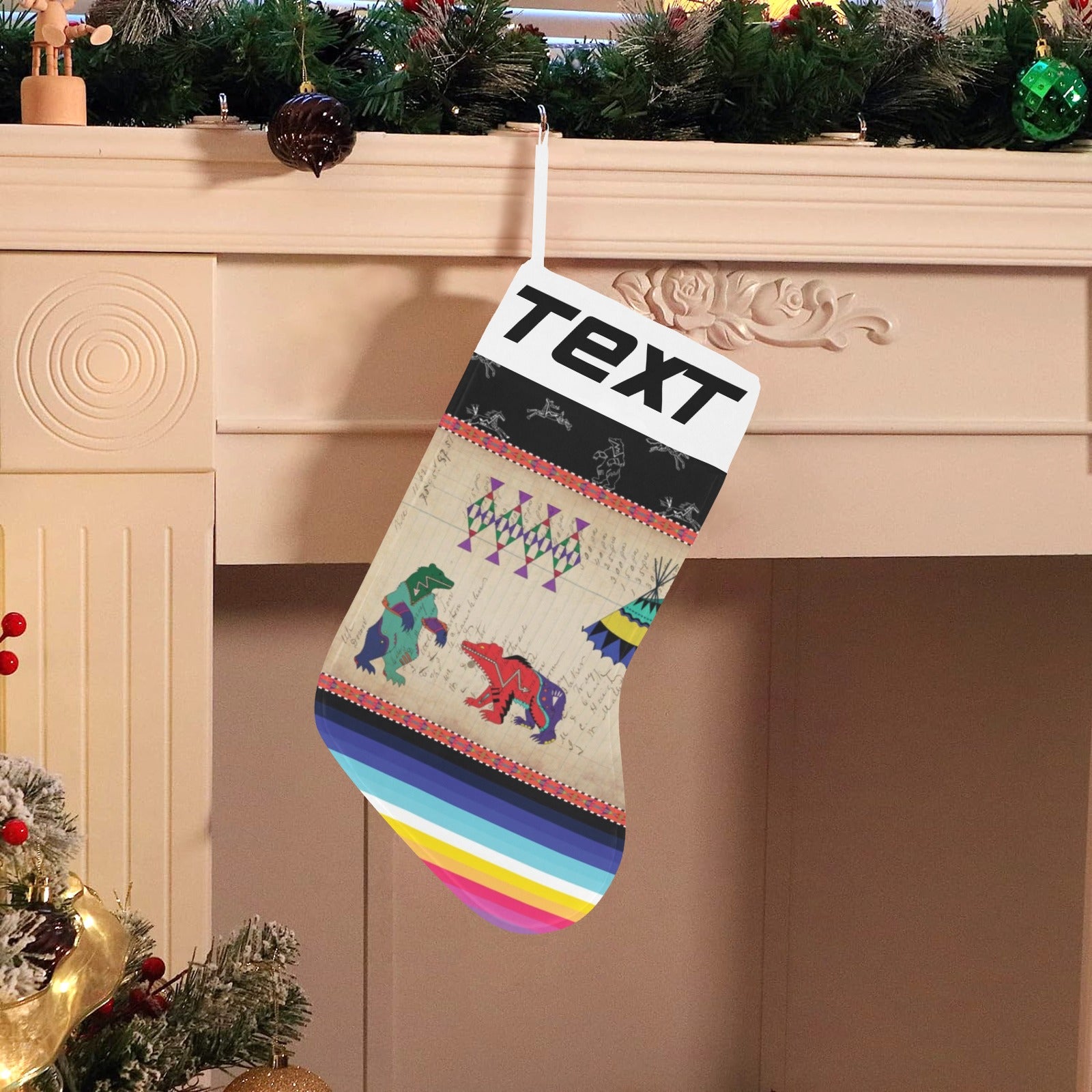 Bear Ledger Black Sky Christmas Stocking (Custom Text on The Top)