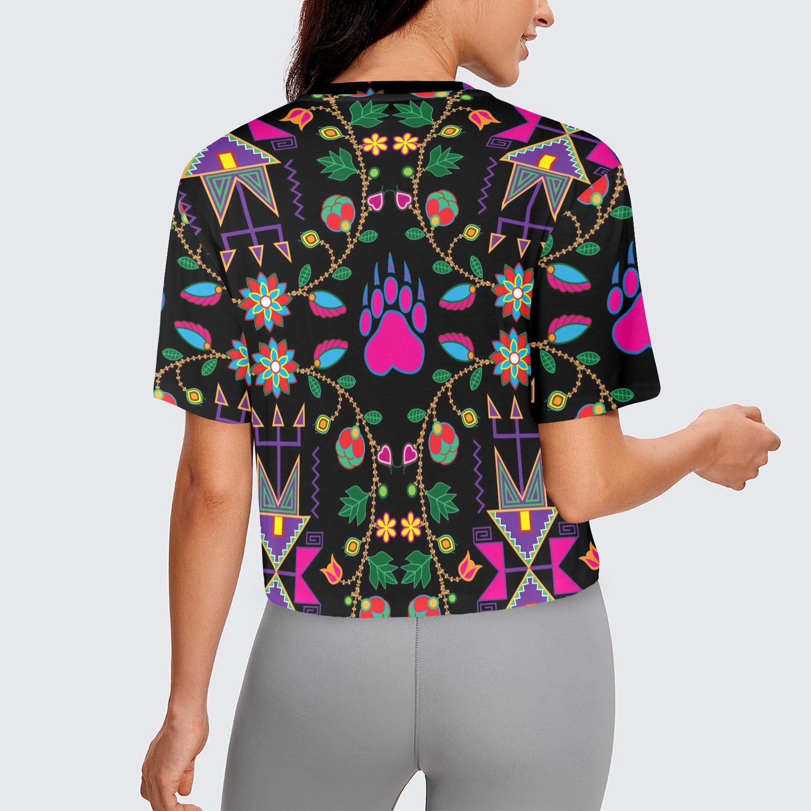 Geometric Floral Fall Black Women's Cropped T-shirt