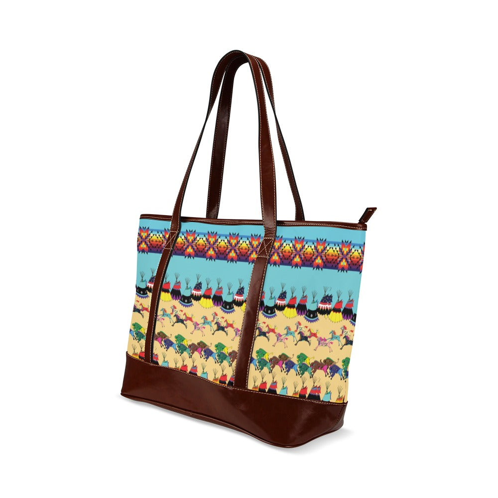 Horses and Buffalo Ledger Torquoise Tote Handbag