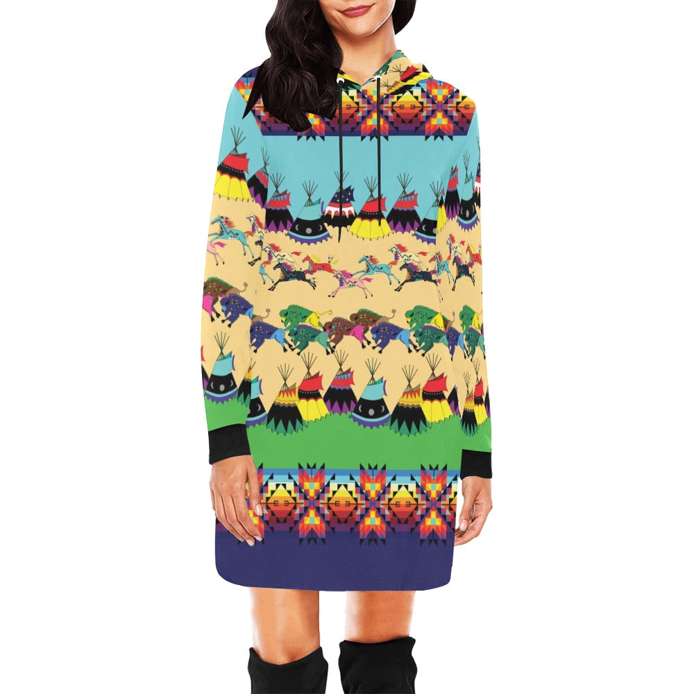 Horses and Buffalo Ledger Blue Hoodie Dress