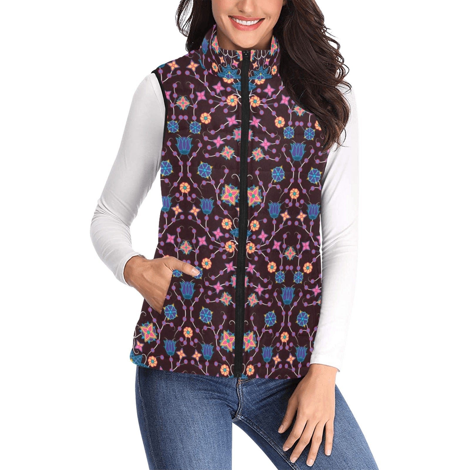 Floral Damask Purple Women's Padded Vest Jacket