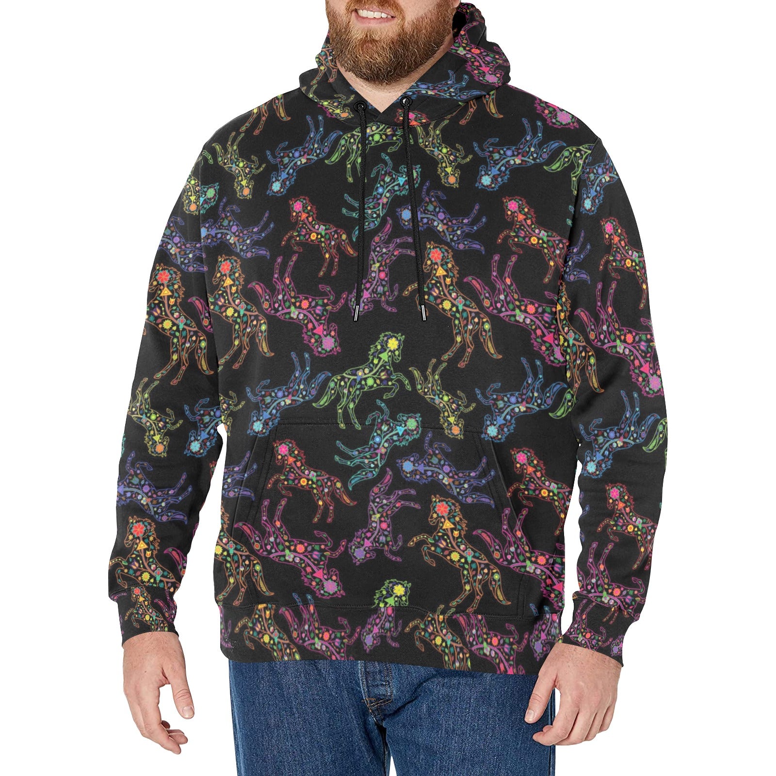 Neon Floral Horses Men's Long Sleeve Fleece Hoodie