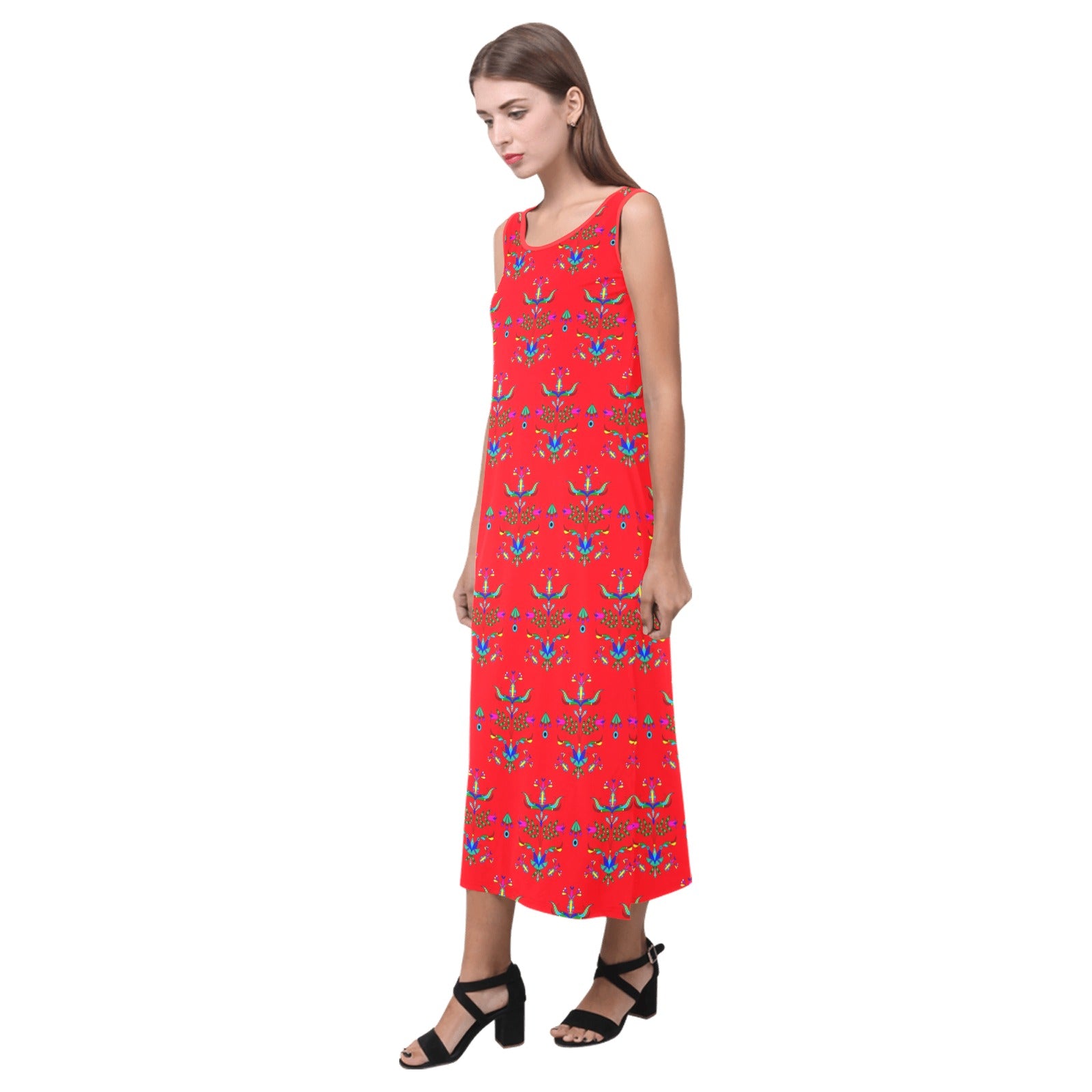 Dakota Damask Red Phaedra Sleeveless Open Fork Long Dress