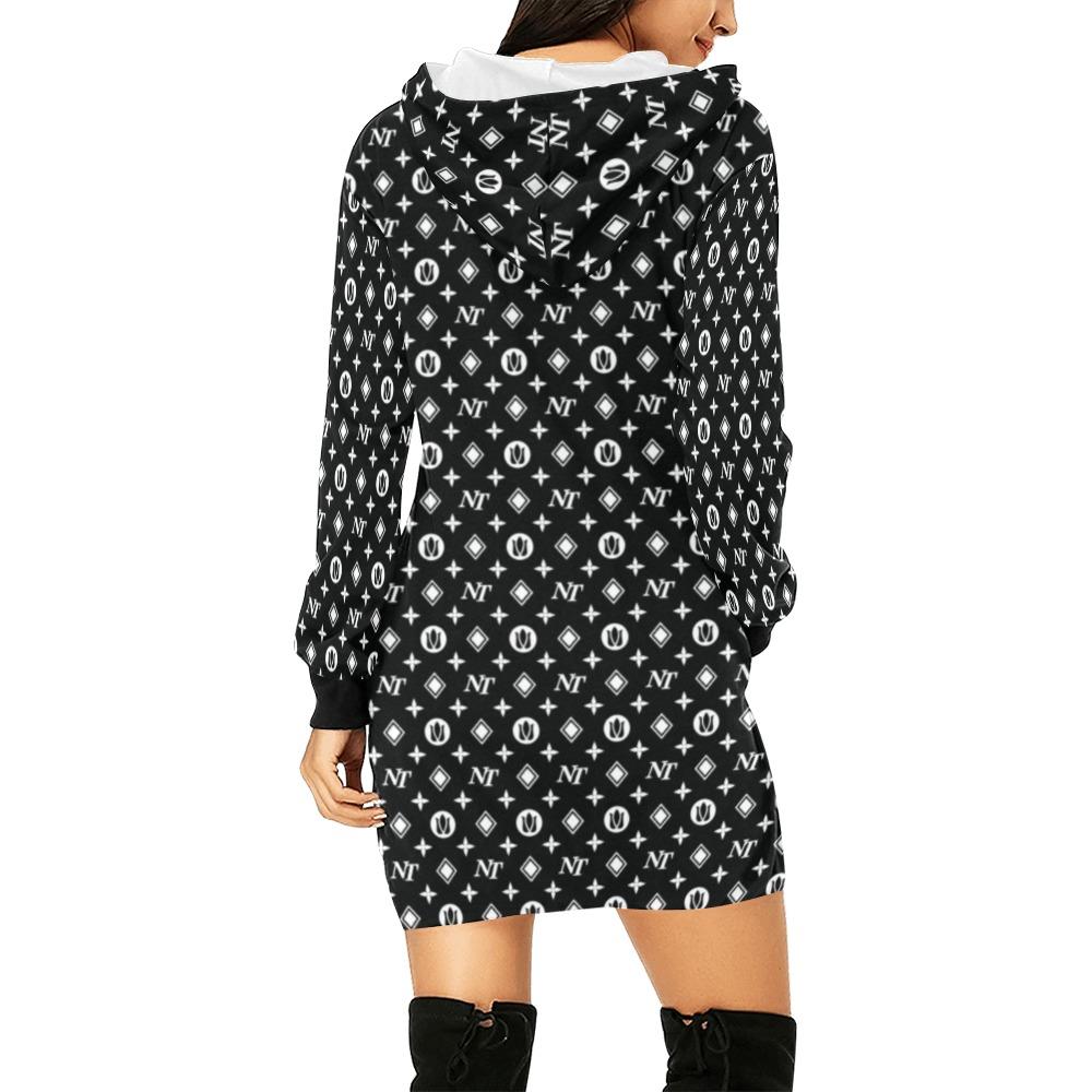 Fancy NT Pattern White on Black All Over Print Hoodie Mini Dress (Model H27) All Over Print Hoodie Mini Dress (H27) e-joyer 