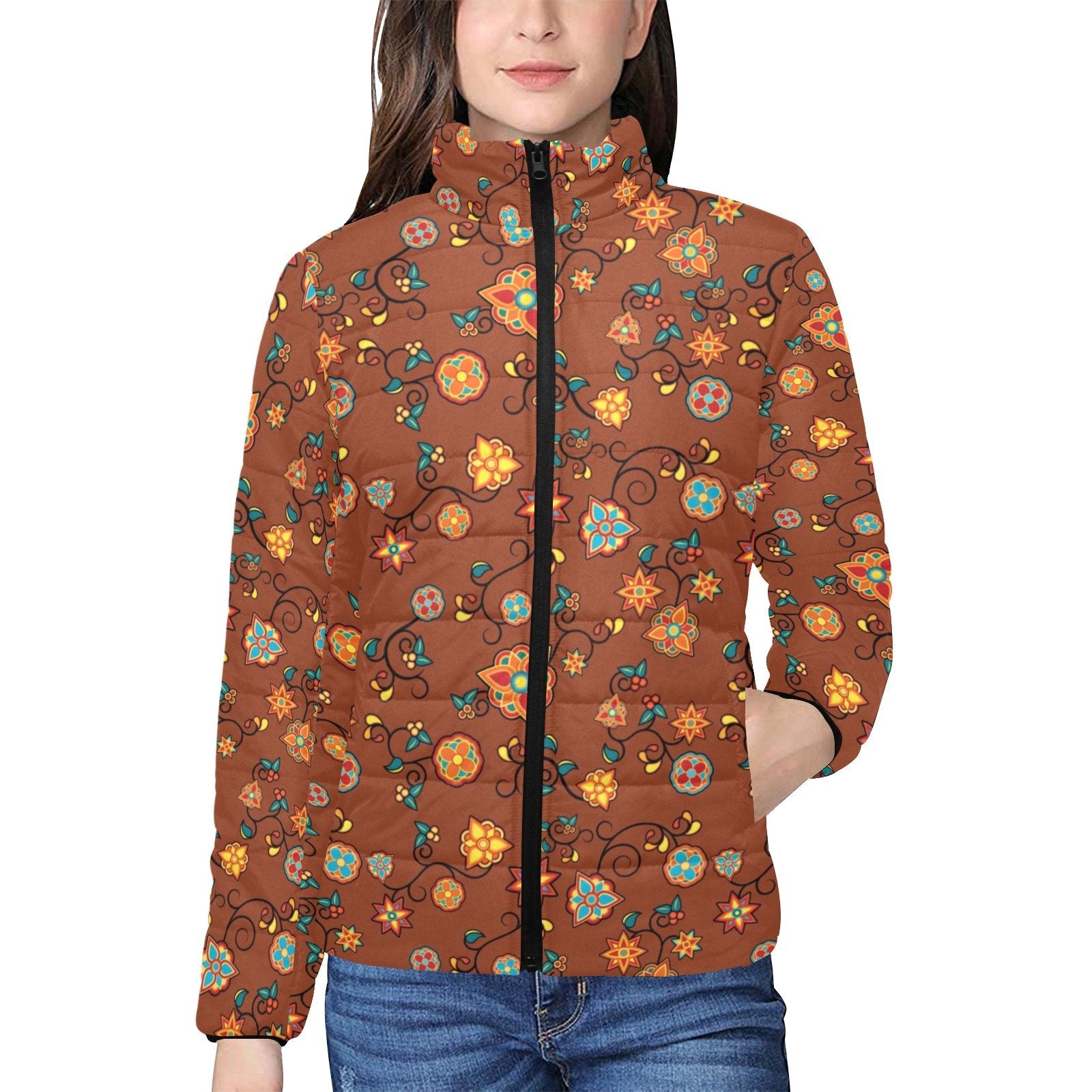 Fire Bloom Shade Women's Stand Collar Padded Jacket (Model H41) jacket e-joyer 