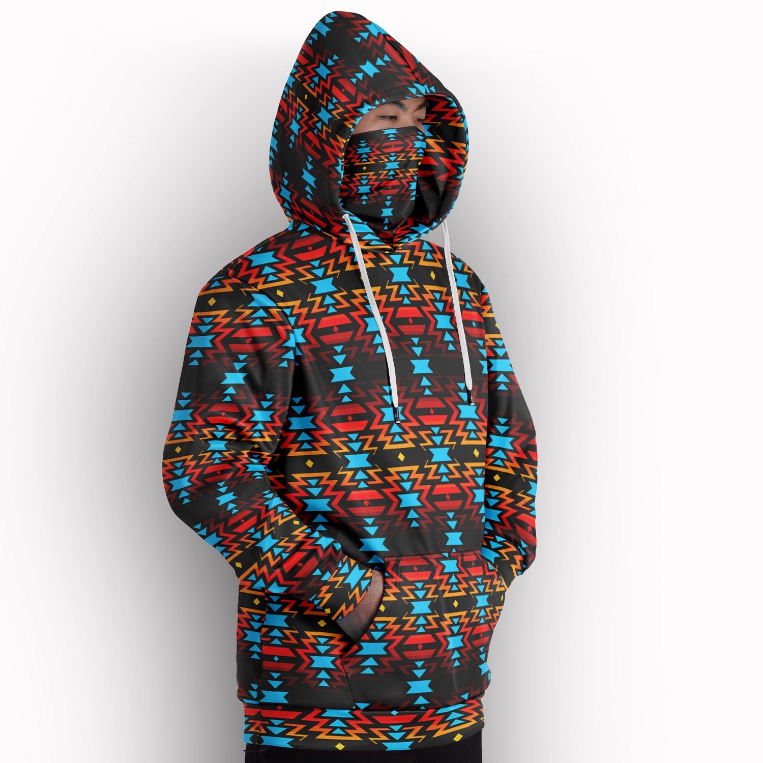 Fire Colors and Turquoise Hoodie with Face Cover 49 Dzine 