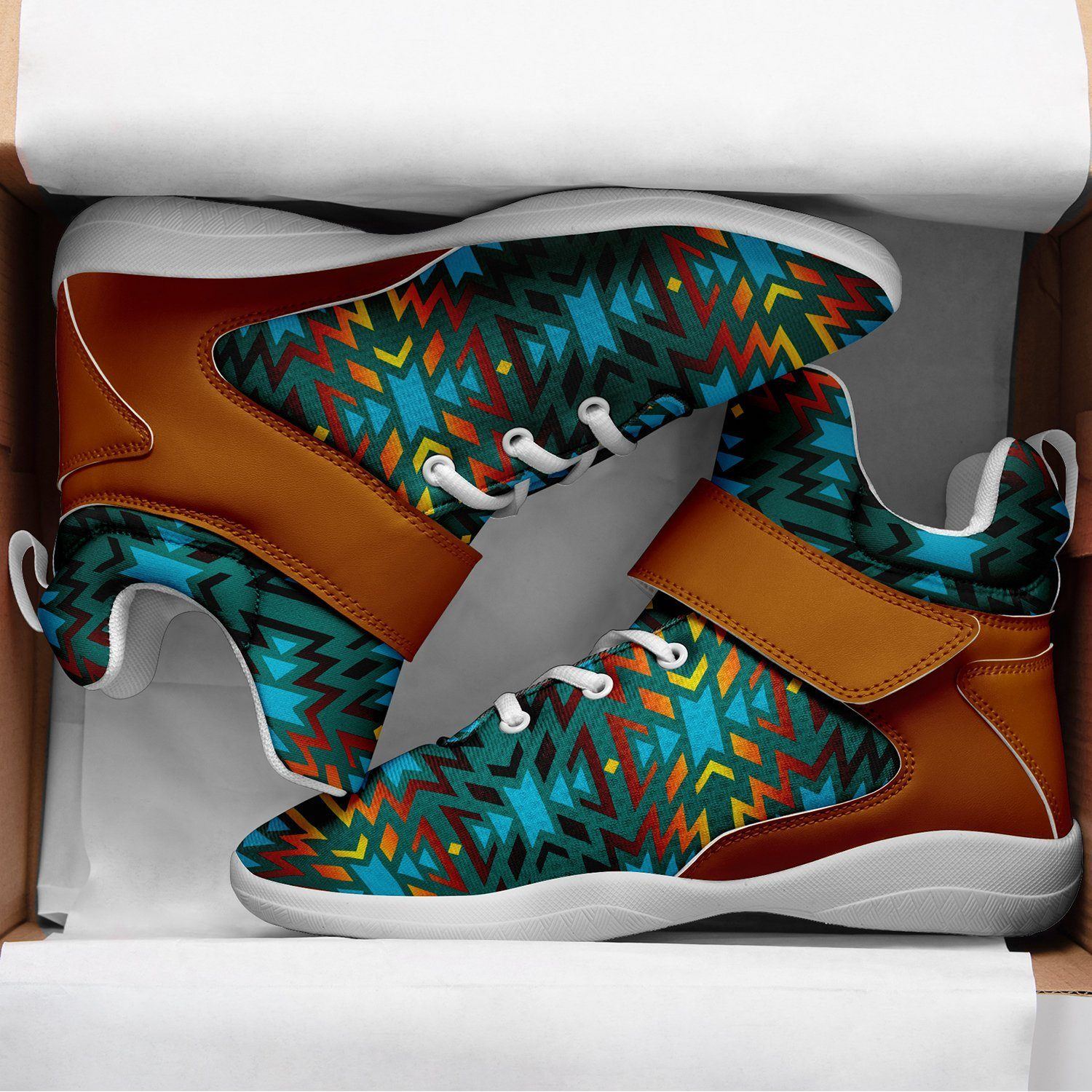 Fire Colors and Turquoise Teal Ipottaa Basketball / Sport High Top Shoes - White Sole 49 Dzine 