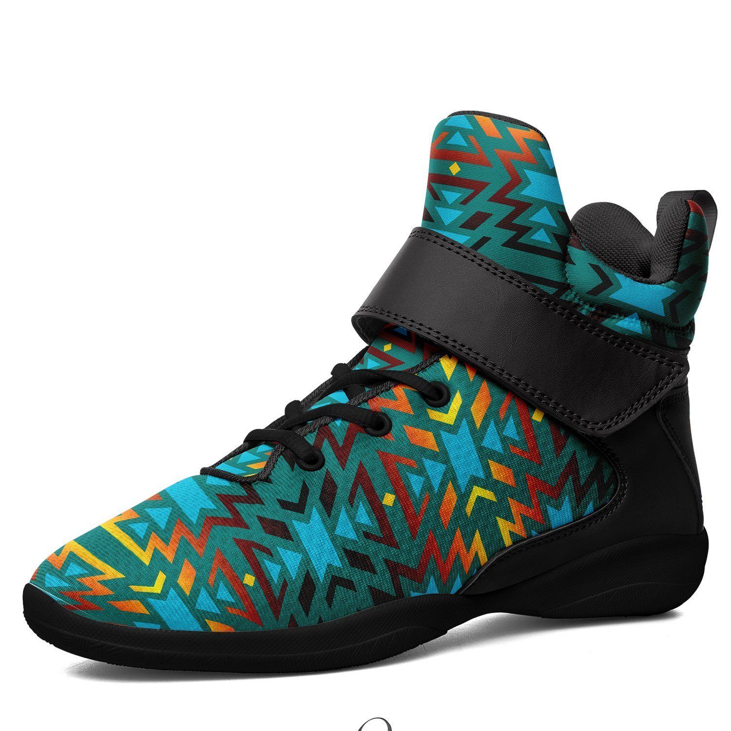Fire Colors and Turquoise Teal Kid's Ipottaa Basketball / Sport High Top Shoes 49 Dzine US Child 12.5 / EUR 30 Black Sole with Black Strap 