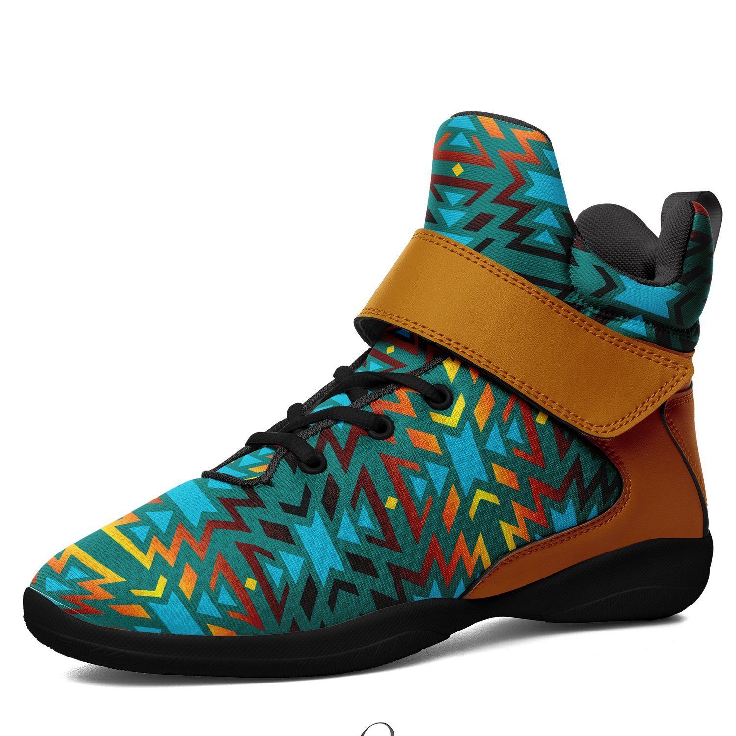 Fire Colors and Turquoise Teal Kid's Ipottaa Basketball / Sport High Top Shoes 49 Dzine US Child 12.5 / EUR 30 Black Sole with Brown Strap 