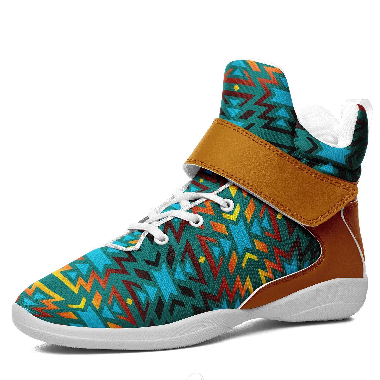 Fire Colors and Turquoise Teal Kid's Ipottaa Basketball / Sport High Top Shoes 49 Dzine US Child 12.5 / EUR 30 White Sole with Brown Strap 