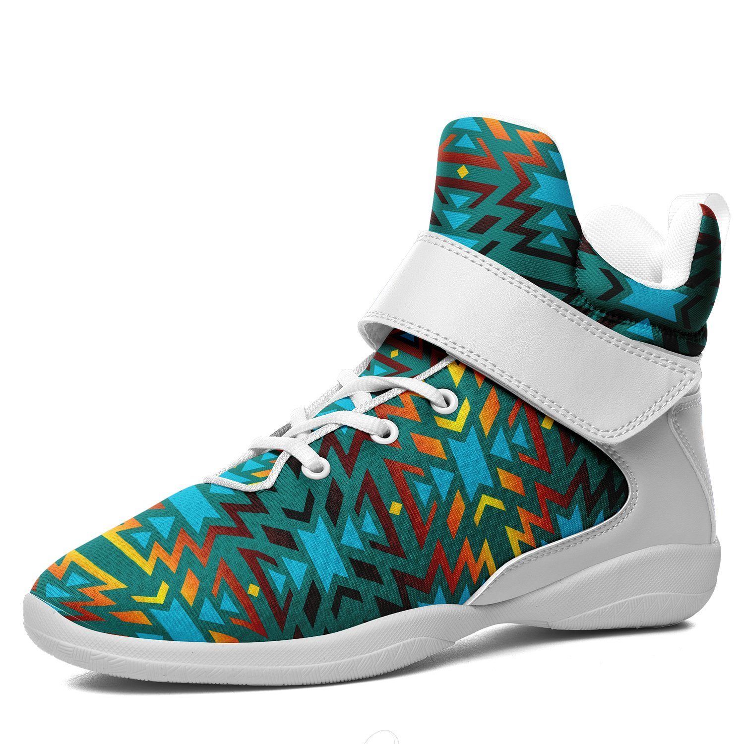 Fire Colors and Turquoise Teal Kid's Ipottaa Basketball / Sport High Top Shoes 49 Dzine US Child 12.5 / EUR 30 White Sole with White Strap 